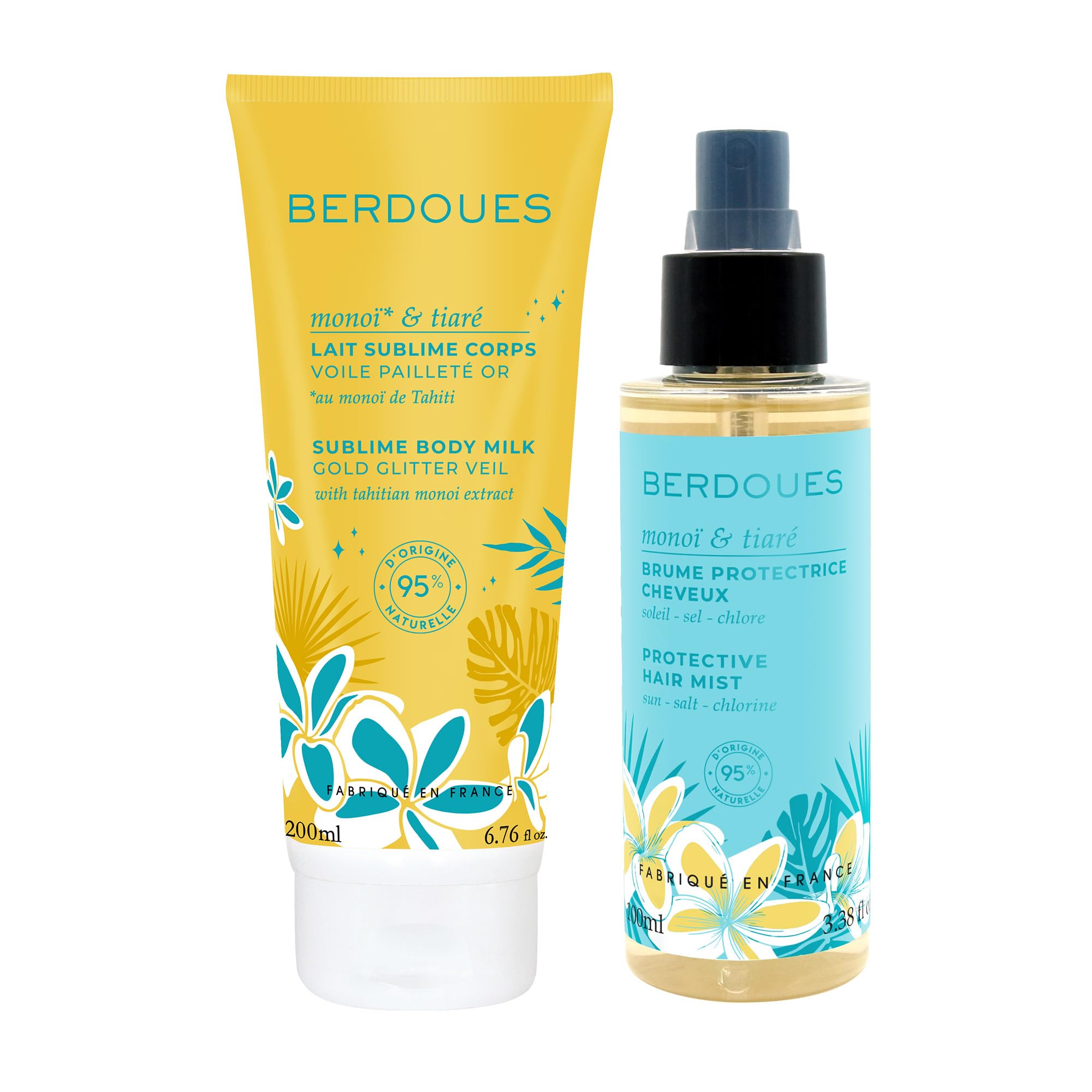 BERDOUES - Brume parfumée protectrice cheveux 100 ml + Lait corps pailleté 200 ml. Parfum Monoï Tiaré. Parfum femme, 95% d'origine naturelle. Vegan, Made in France.