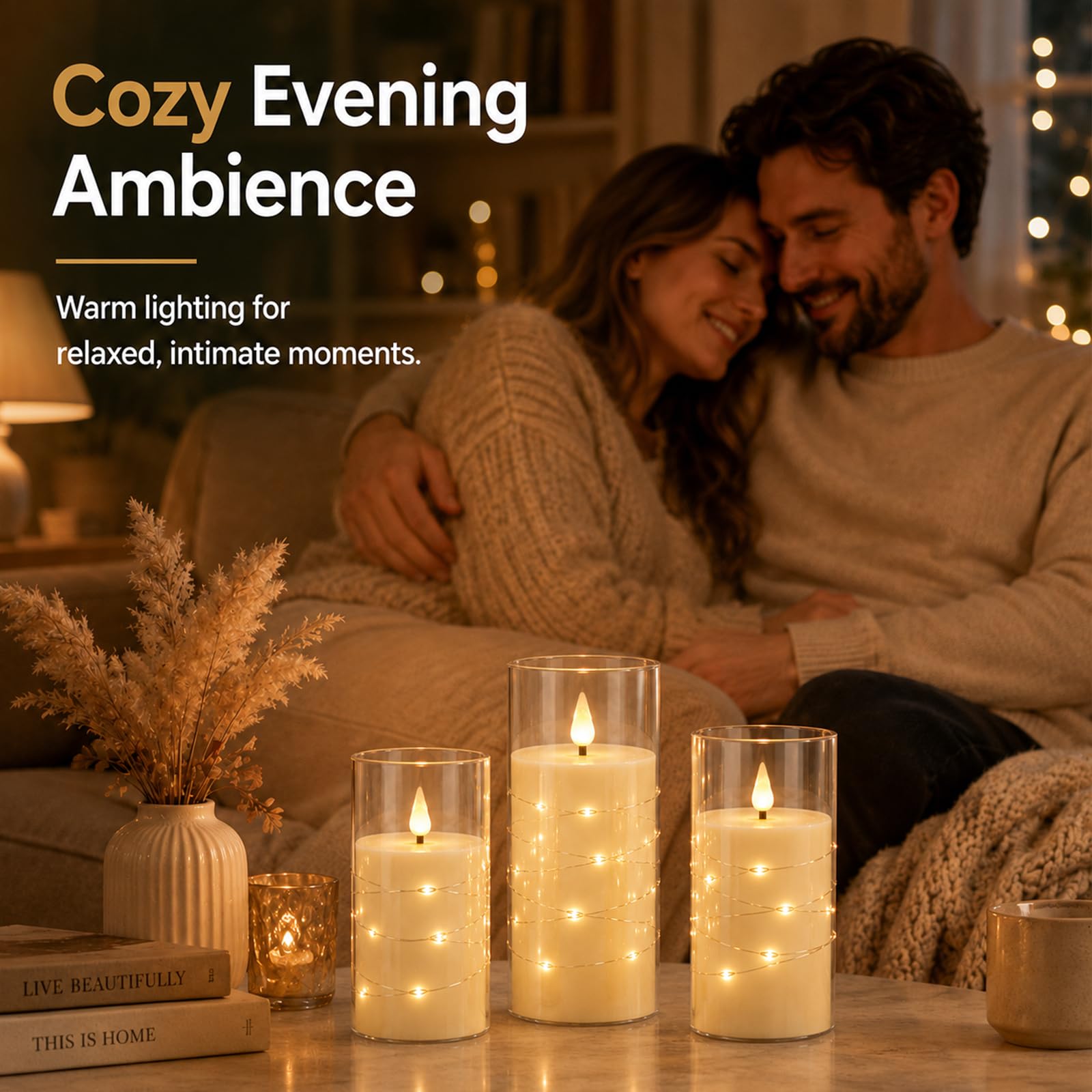Lot de 3 bougies électriques sans flamme à LED vacillantes avec télécommande et minuteur, à intensité variable en cire véritable à piles, pour maison, mariage, fête, décoration de vacances (ivoire)
