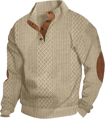 STTLZMC Mens Sweatshirt Casual Knit Jacquard Pullover Long Sleeve Quarter Button Mock Neck Sweatshirt
