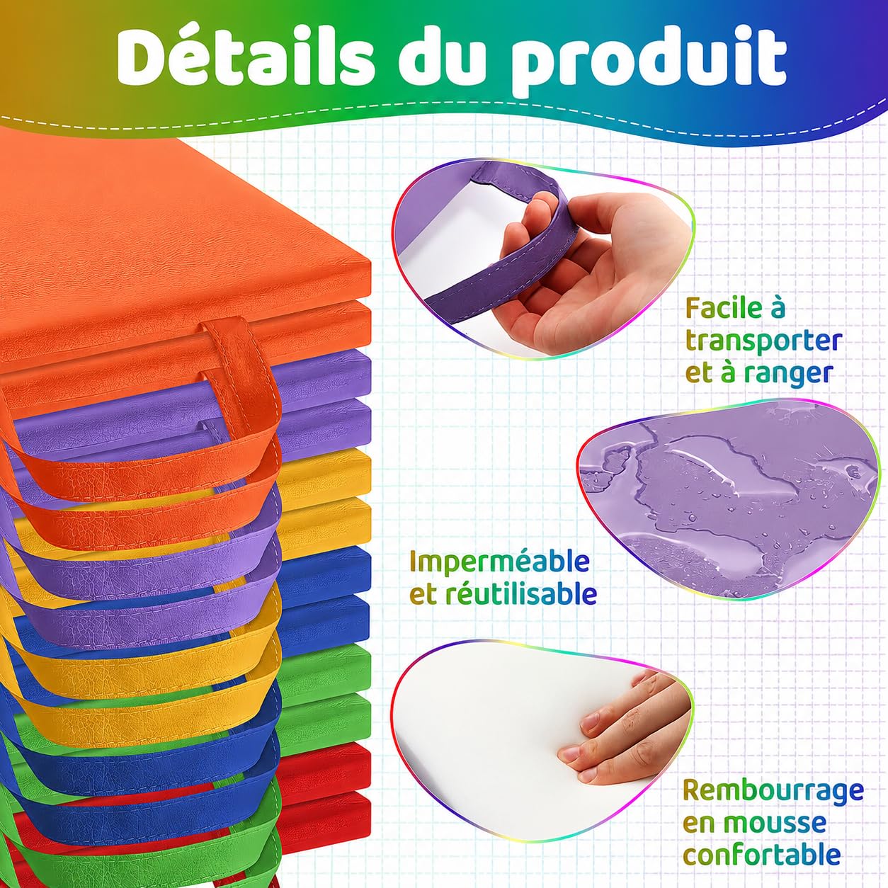 Lot de 12 Coussins de Sol Imperméables, 30 x 30 x 2,5 cm, Cuir PU