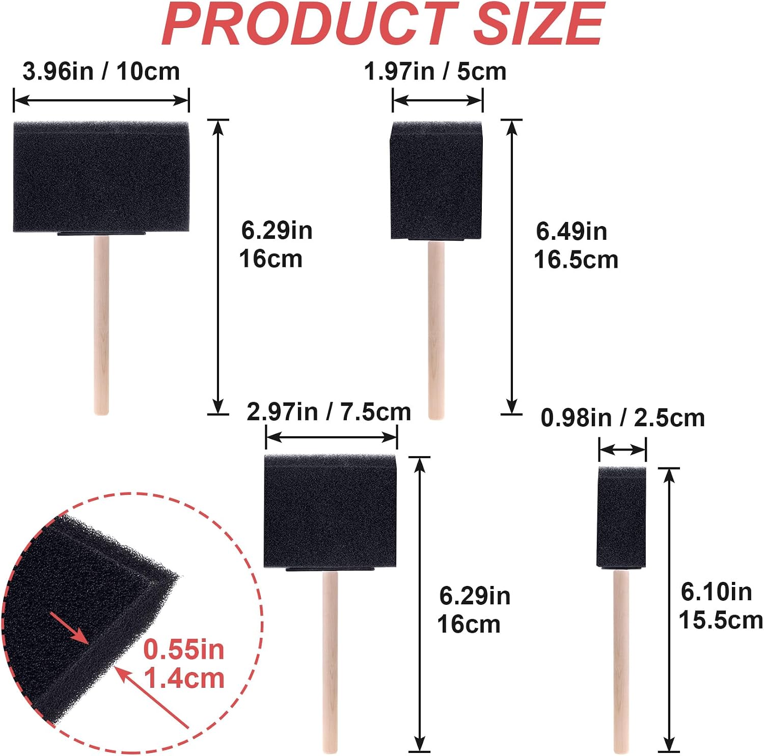 4 Pcs Foam Paint Brushes, 4 Sizes Wood Handle Sponge Paint Brush 1" 2" 3" 4" for Details, Staining, Varnishes, Large Area and DIY Craft Projects