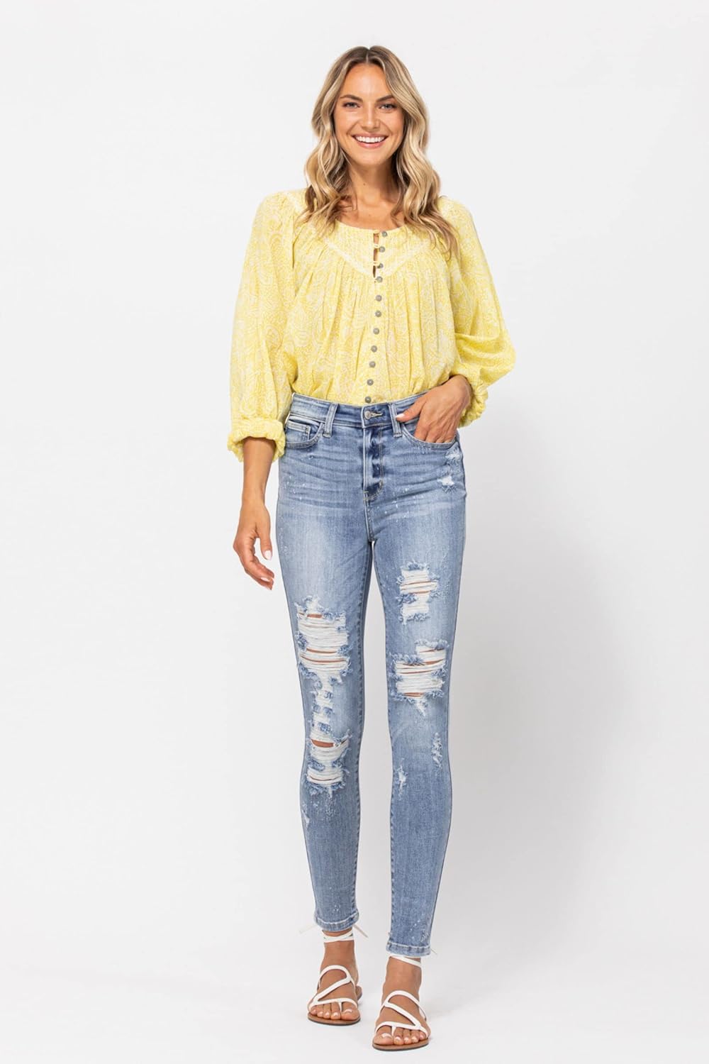 'Fiercely Bella Boutique' Hi-Rise Bleach Splash Destroyed Skinny Jeans (Style 82293)