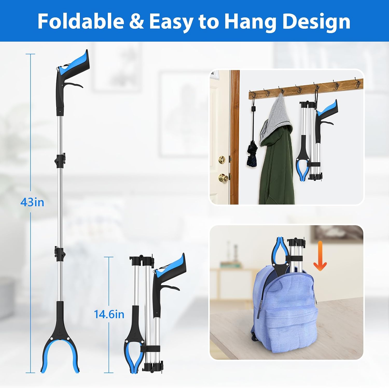 43" Long Grabber Reacher Tool, Foldable Grabber for Seniors with Magnetic Tip, 360° Rotating Anti-Slip Claw, Extension Reacher Pickup Tool Long Arm Trash Picker for Elderly Recovery image 4
