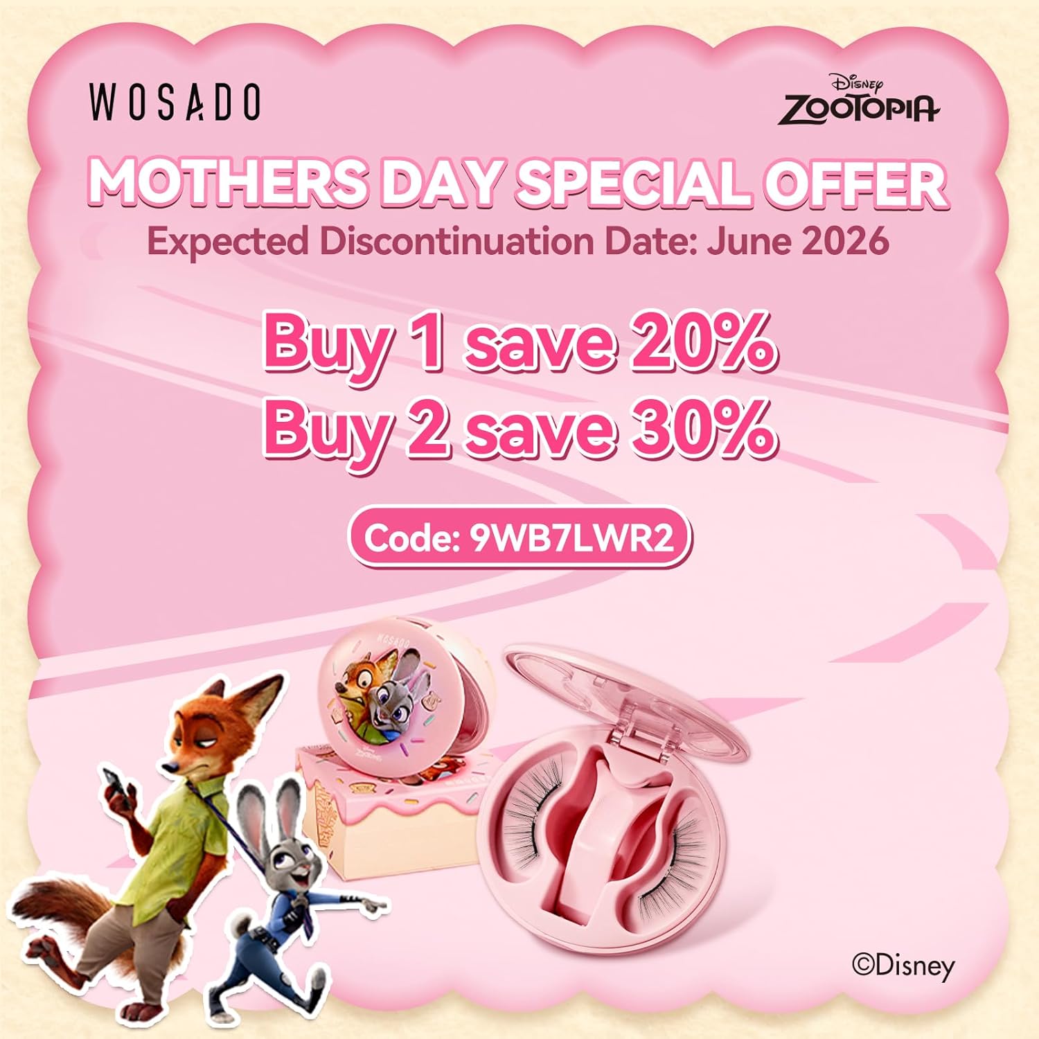 WOSADO×Zootopia1 Bag Gift Set, Disney [Nick] 21.5mm Soft Magnetic Eyelashes Kit with Applicator, Reusable Glue-free Wispy Magnetic Lashes, Cruelty-free False Lashes, Waterproof, for Makeup