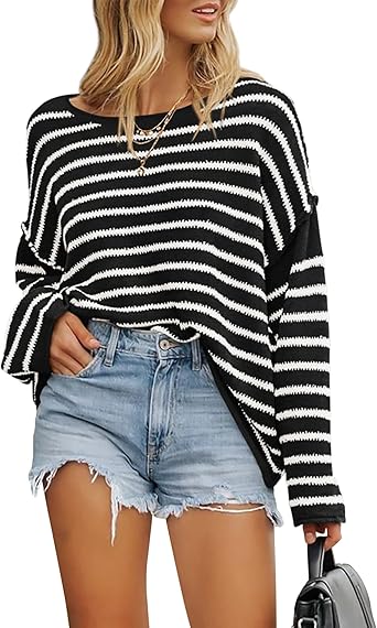 BTFBM Women's Striped Knit Sweaters 2025 Spring Fall Boat Neck Off Shoulder Long Sleeve Oversized Casual Pullover Tops