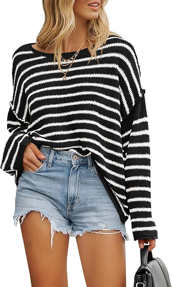 BTFBM Women's Striped Knit Sweaters 2025 Spring Fall Boat Neck Off Shoulder Long Sleeve Oversized Casual Pullover Tops