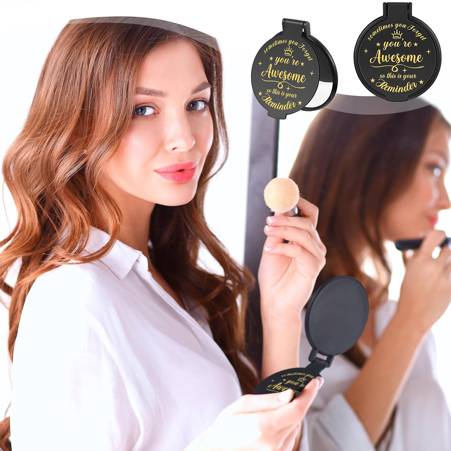 18 Pcs 2.76 Inch Inspirational Compact Mirror Bulk Women Small Gifts Graduation Mothers Day Party Favors Purse Mirror Pocket Mini Items for Adult Coworker Cheerleader Swag Bag (Black)