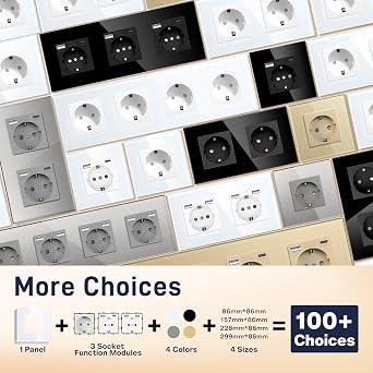 BSEED Double Wall Plug, Black Schuko Double Socket with Glass Panel, 16A 250V Power Outlet, Extension Sockets for Kitchen, Bedroom, Office, Hotel, etc