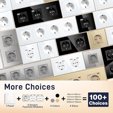 BSEED Double Wall Plug, Black Schuko Double Socket with Glass Panel, 16A 250V Power Outlet, Extension Sockets for Kitchen, Bedroom, Office, Hotel, etc