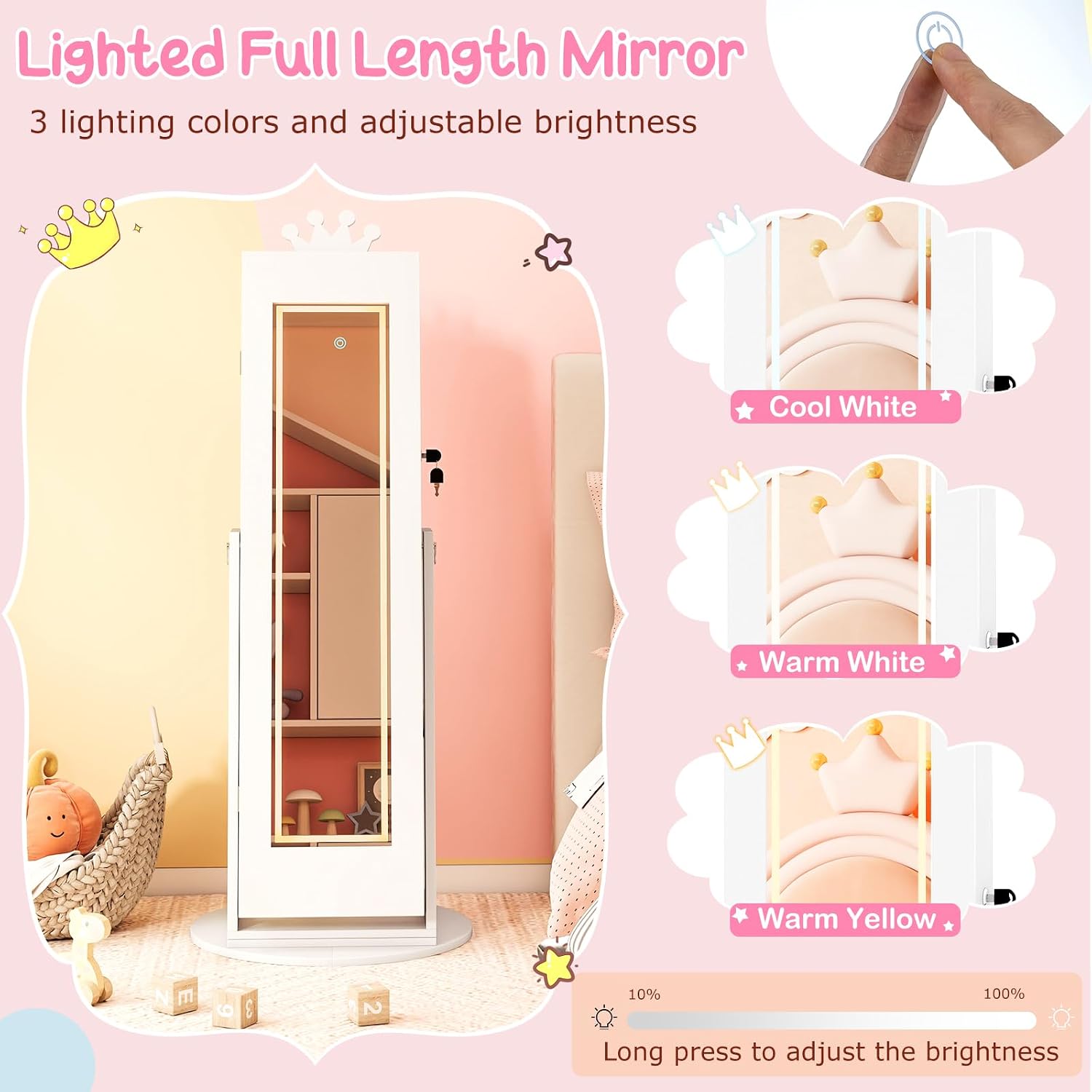 Costzon Kids Jewelry Armoire with LED Lights, 360° Swivel Jewelry Cabinet with Full-Length Mirror, Dress Up Mirror with Jewelry Storage, Lockable Standing Jewelry Organizer for Little Girls (White)