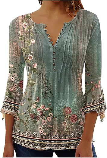 Lightening Deals Bohemian Tops for Women Trendy 2023 Sexy Elegant t-Shirt Boho Floral Print 3/4 Bell Sleeve v Neck Shirts Blouse Army Green M