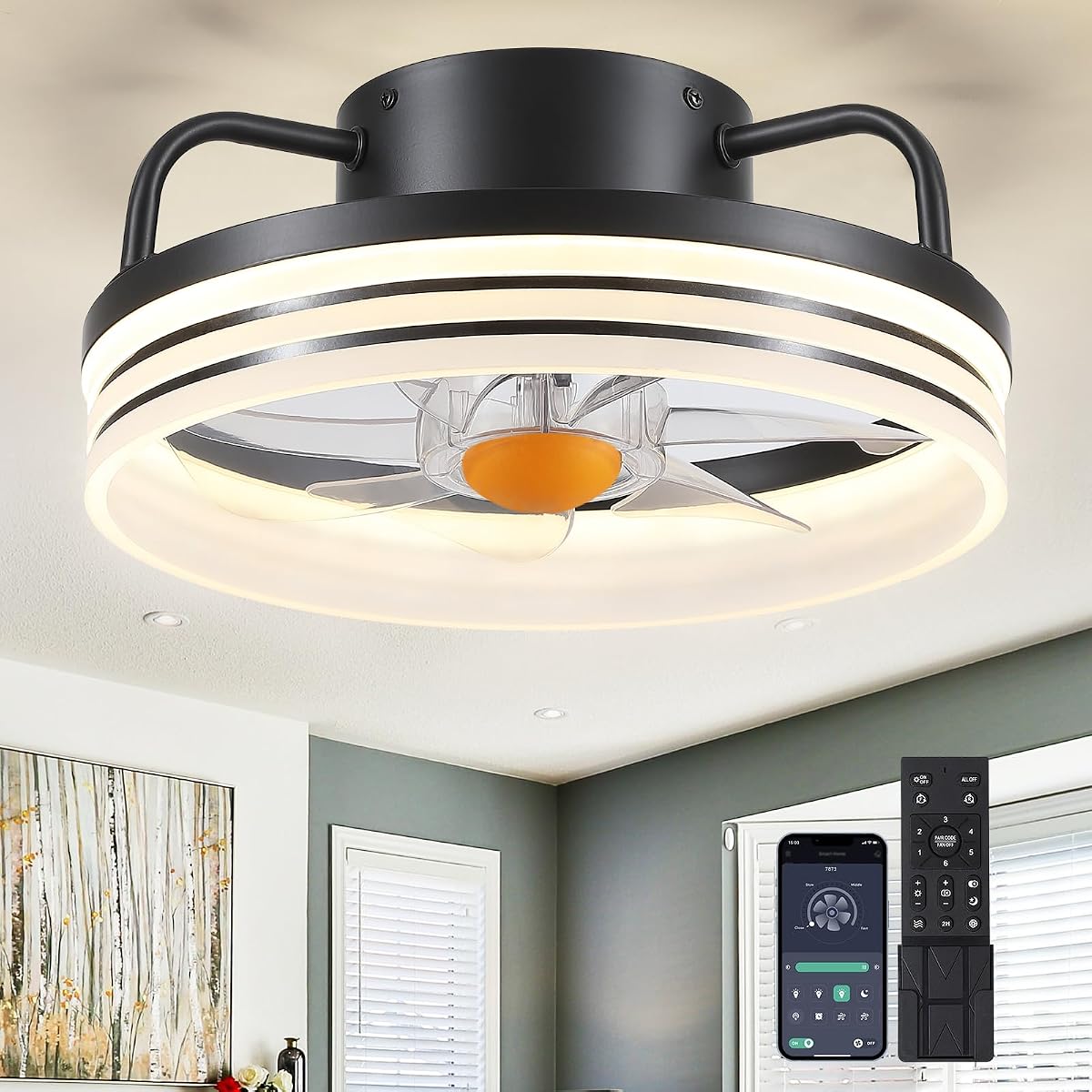 Mpayel 13" Ceiling Fans with Lights and Remote, Low Profile Ceiling Fans | Dimmable Bladeless LED Fan Light, 6 Speeds, Reversible, Stepless Dimming, Small Modern Flush Mount Ceiling Fan for Bedroom
