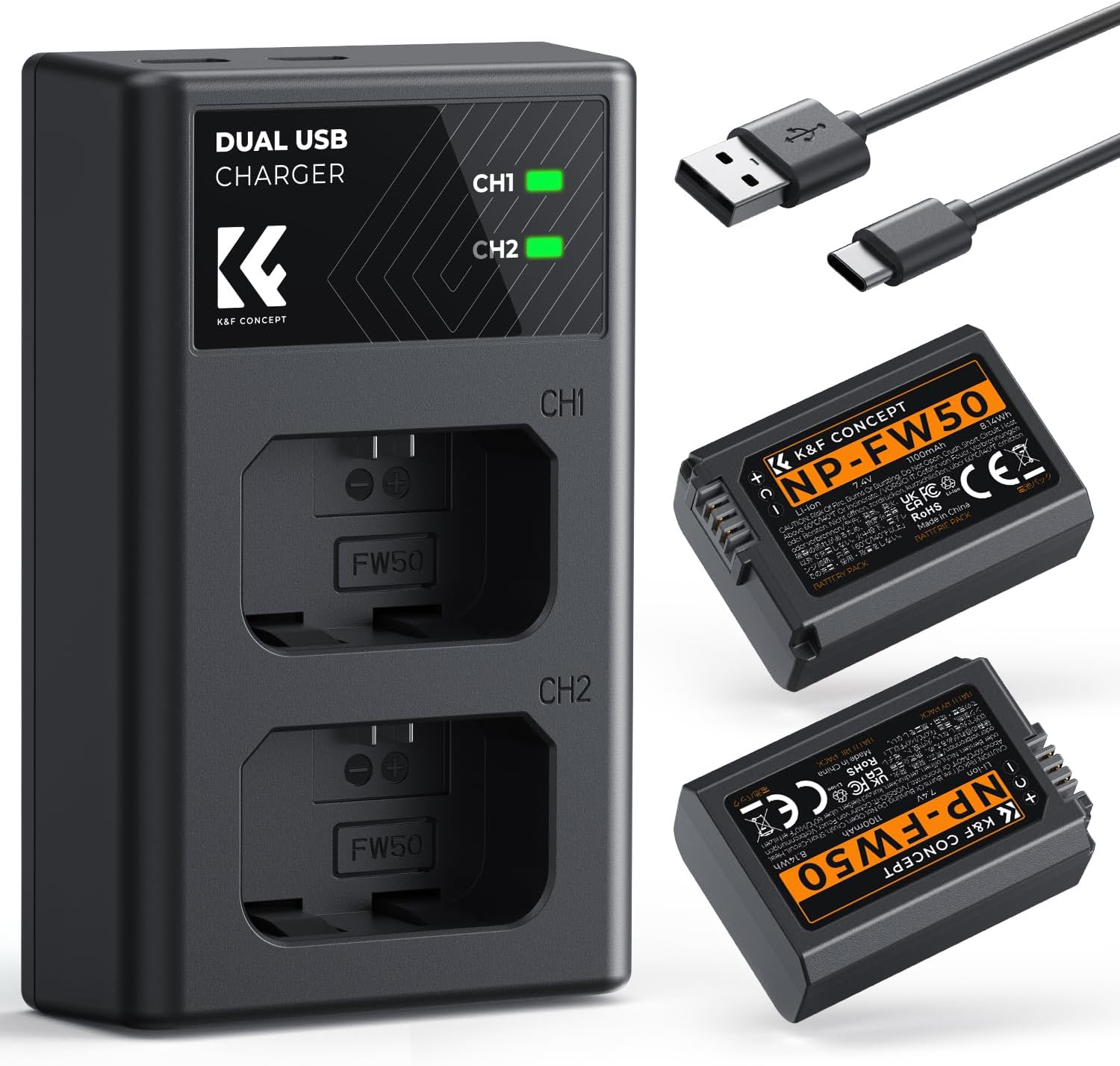 NP-FW50 Battery and Charger Set Compatible with Sony ZV-E10, Alpha 7, A7, A7II, A7RII, A7SII, A7S, A7S2, A7R, A7R2, A5000,A6000, A6500, A6300, NEX-3, NEX-5