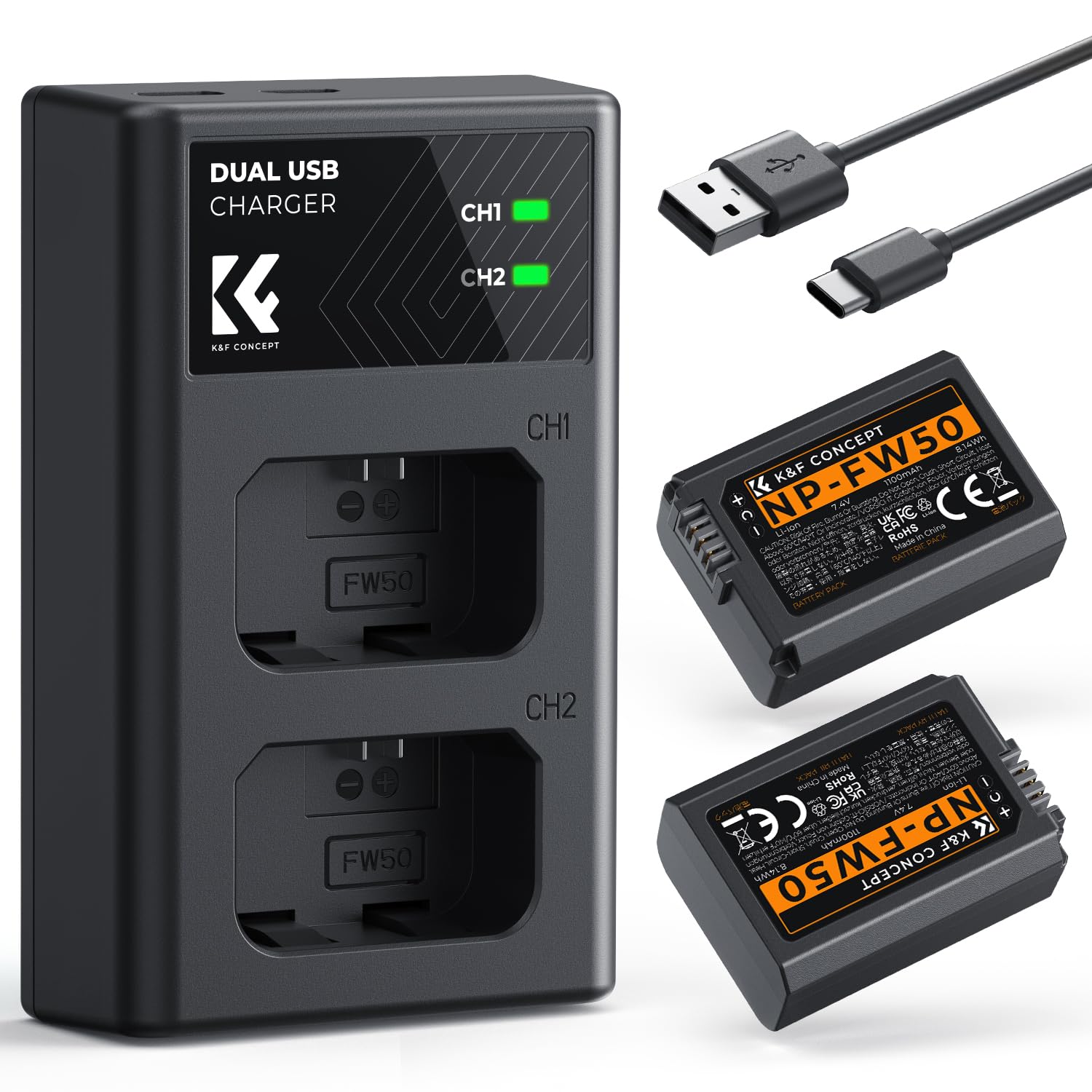 K&F CONCEPT NP-FW50 Batteria Caricabatterie a Doppio Ingresso Compatibile con Sony ZV-E10 A6500 A6400 A6300 A6000 A7 A7II A7RII A7SII A7S A7R A7R2 NEX-3 NEX-5