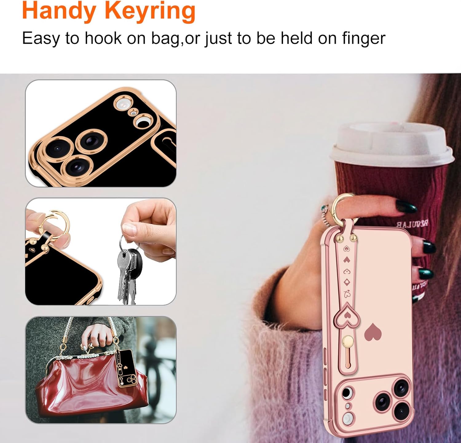 Compatible with iPhone 17 Pro Case with Strap for Women Girls [2× Screen Protectors], Cute Love-Hearts Design, Wristband Kickstand Plating Edge Protective Phone Case (6.3") - Pink - Image 7