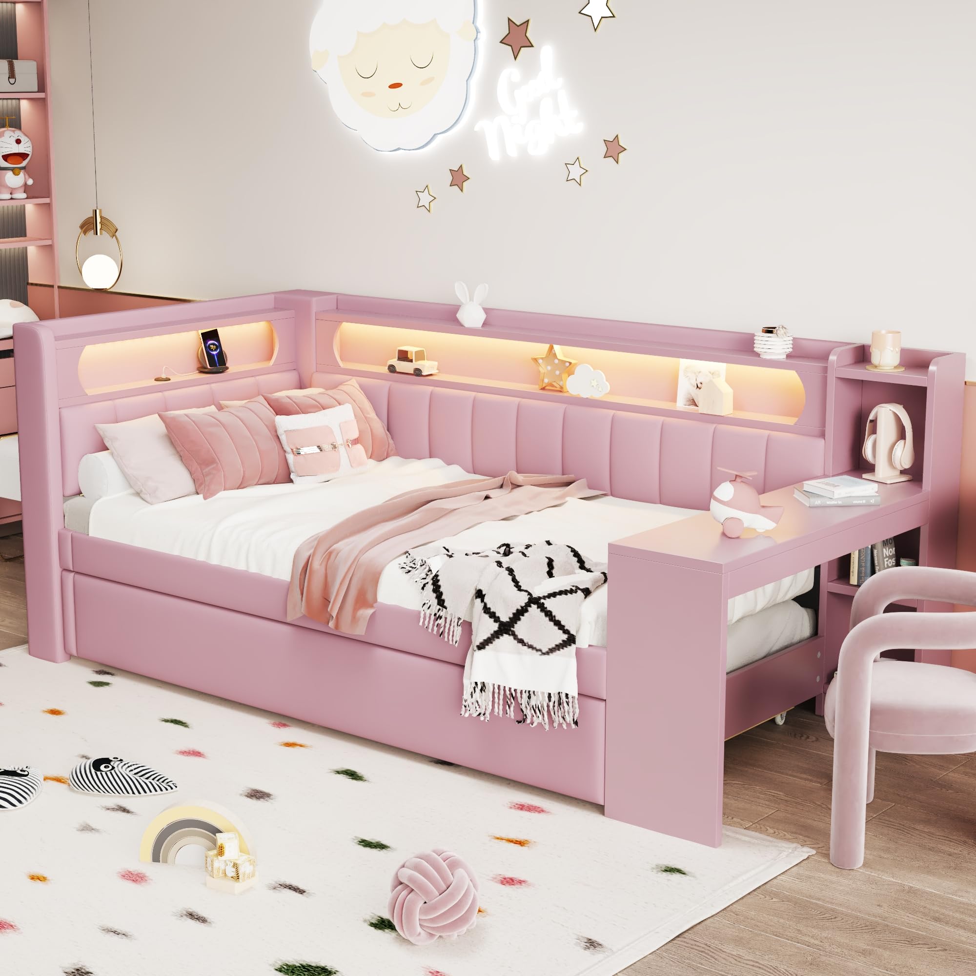 Merax Kinderbett 90x200 cm Einzelbett mit gepolstertem Kopfteil, LED-Ablagefach, Multifunktionsbett mit Schreibtisch, USB-Steckdose und Ausziehbett, Holzbett mit Lattenrost (Ohne Matratze), Rosa