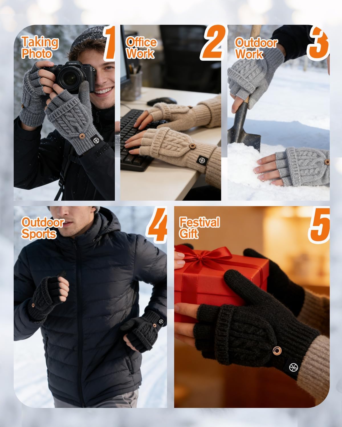 Winter Fingerless Gloves for Women Men Warm Knitted Convertible Mittens Flap Cover