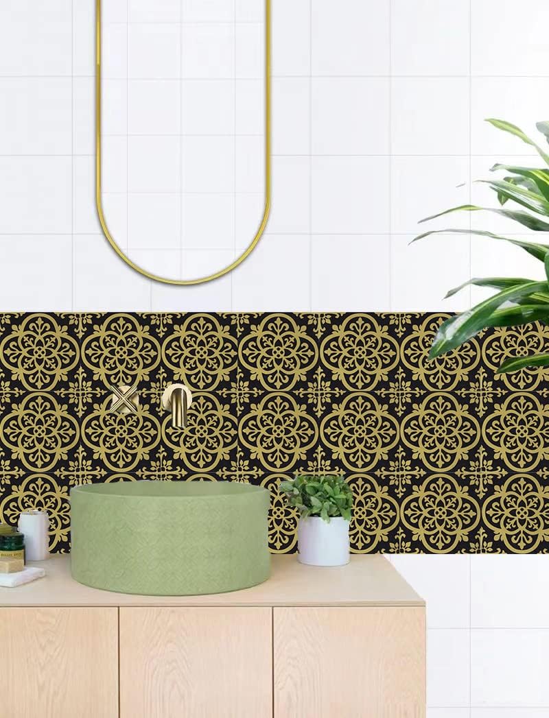 Black & Gold 12 Pcs Acrylic Tile Stickers, 6 x 6 in Peel and Stick Backsplash Tile, Bathroom & Kitchen Wall Decals, Easy to Apply Just Peel & Stick for Home Decor (Thickened High-End Series)