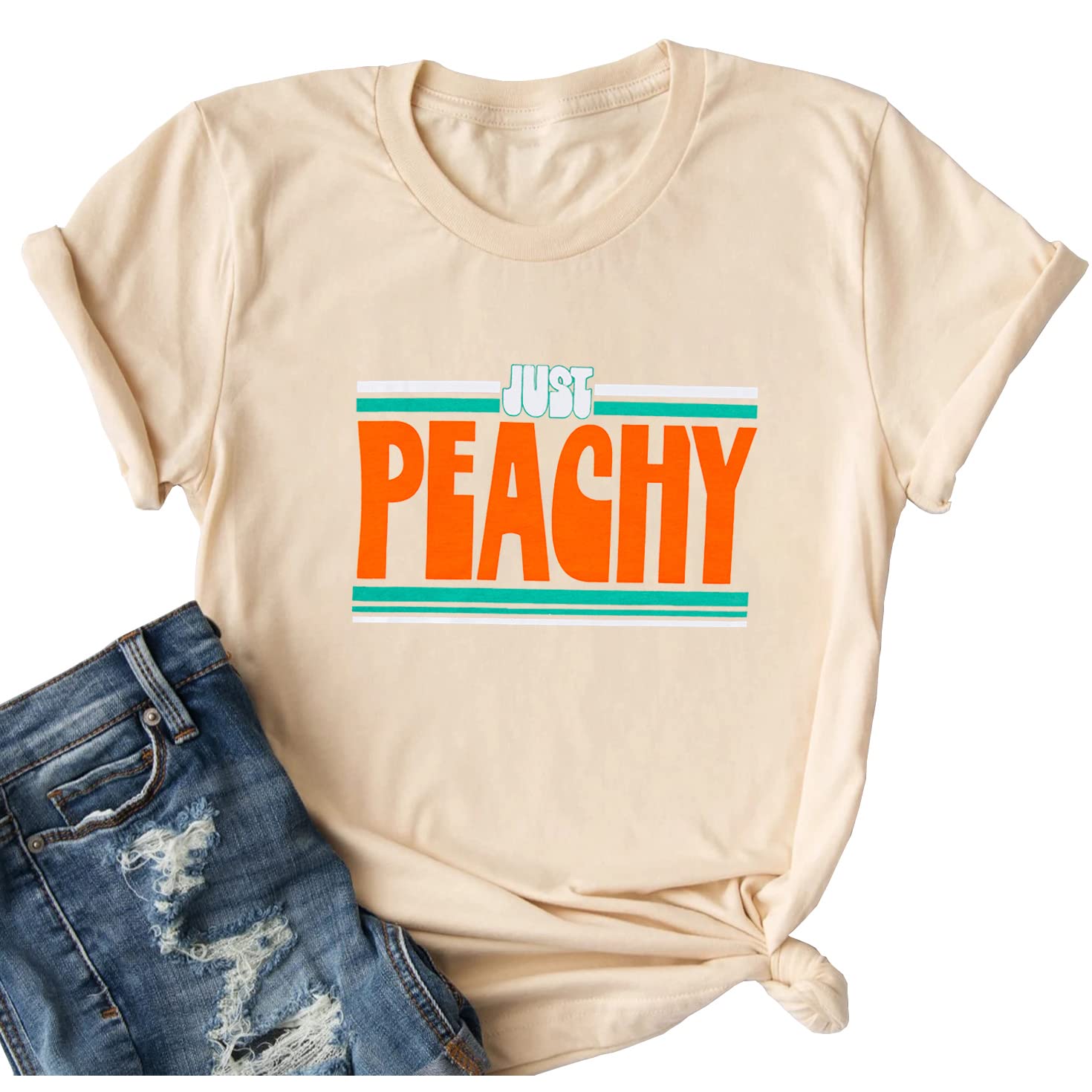 Ykomow Just Peachy T Shirt Womens Short Sleeve Casual Summer Graphic Tees Tops: Cream-3 Small