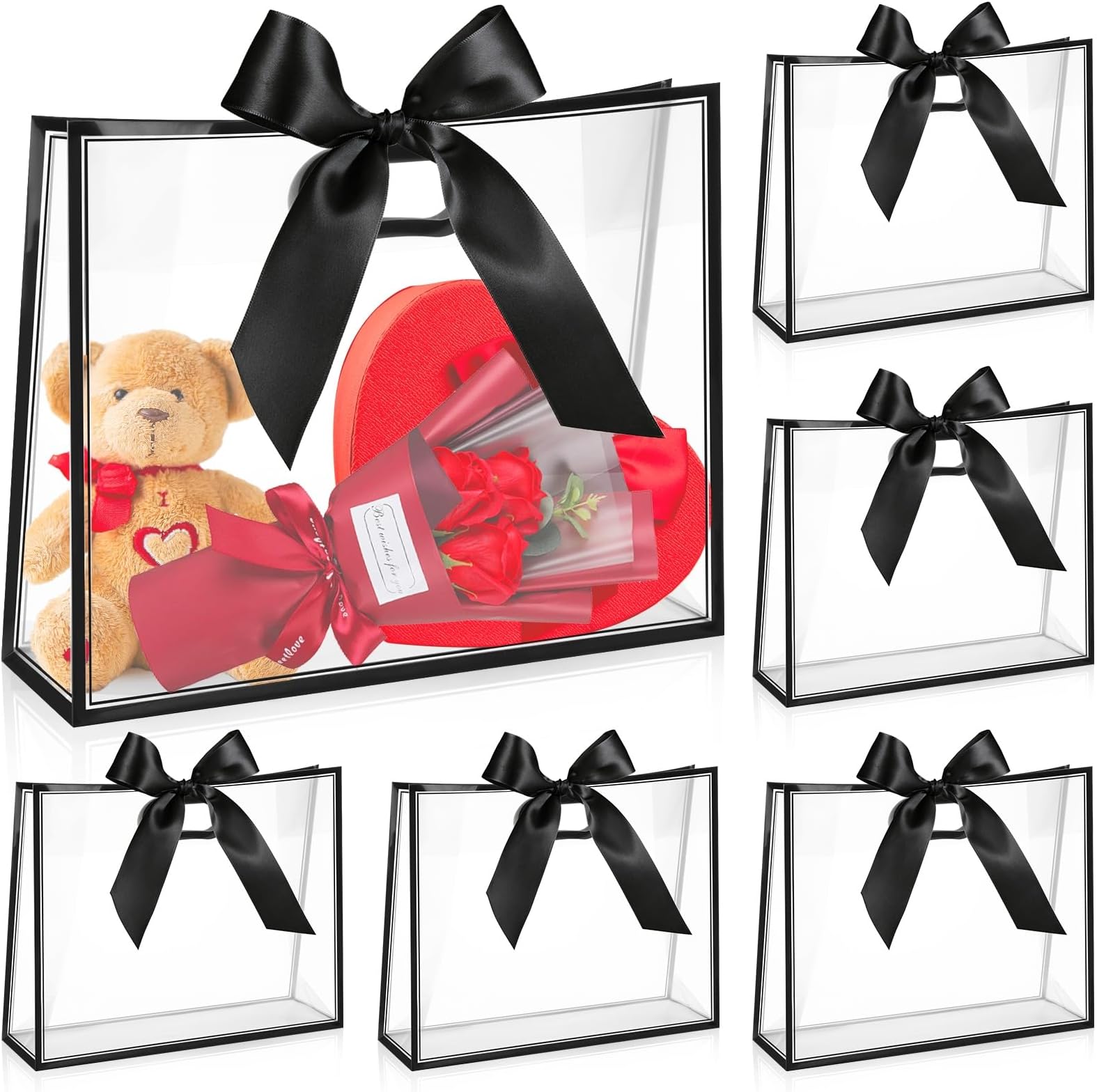 Aliceset 12 Pcs Clear Plastic Gift Bags with Die Cut Handles Reusable Gift Wrapping Bag with Ribbon for Wedding Graduation Bridal Shower Baby Shower, 12 x 10 x 5''(Black)