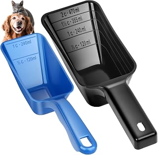 2-Pack Dog Food Scoop Set,1 Cup and 2 Cup Plastic Pet Food Measuring Scoops with Clear Measurement Lines,Multi-Purpose Pet Food Scooper for Dogs, Cats (Blue and Black)