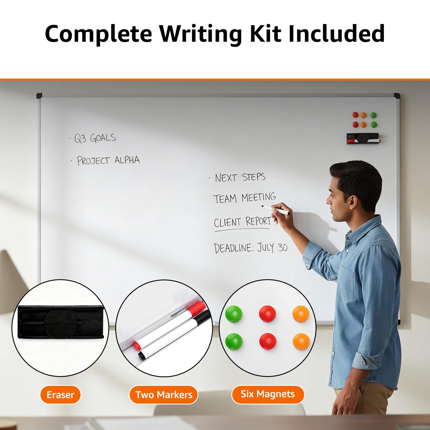 Amazon Basics Whiteboard Drywipe Magnetic with Pen Tray and Aluminium Trim, 90 cm x 60 cm (WxH) 4