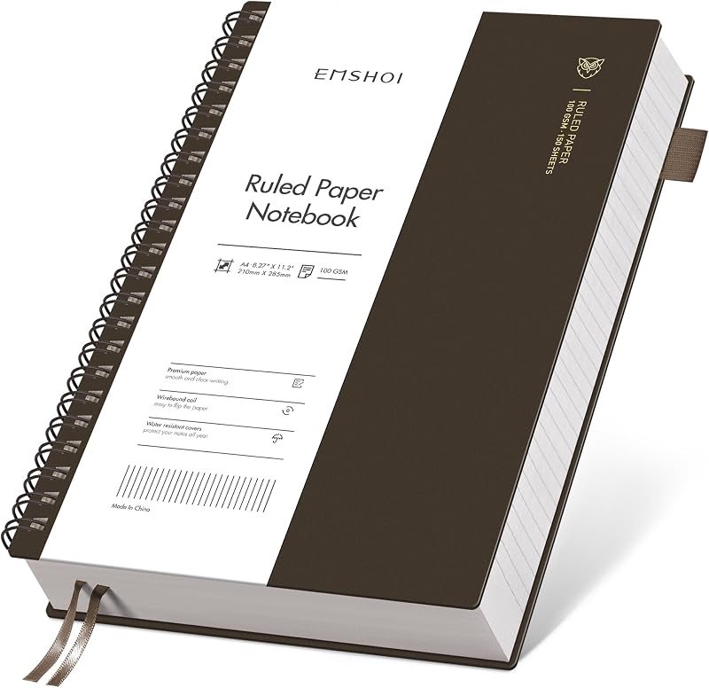 EMSHOI Lined Spiral Journal Notebook, 300 Pages, A4 Size (8.2'' x 11.2'') | College Ruled, Flexible Plastic Cover, 100 GSM Thick Paper, for School, Writing, Work, Office & Journaling (Coffee)