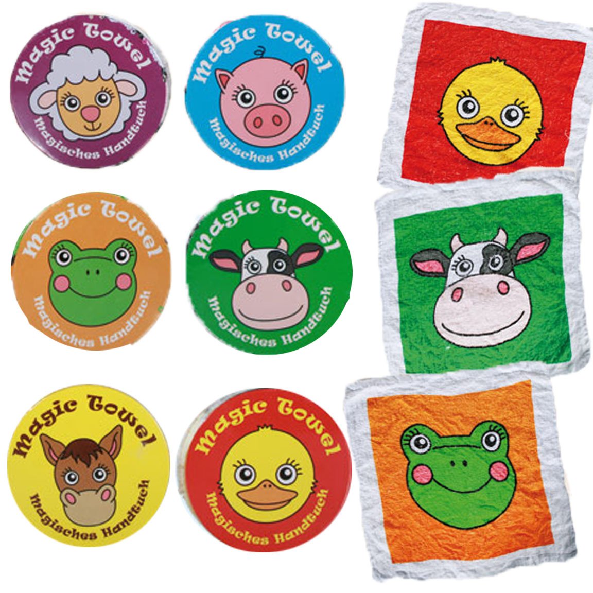 Bada BingSet of 6 Magic Hand Towels, Cotton Wash Cloth, Farm Magic Towel for Children, Approx. 30 x 30 cm, 6 Compartments, Children's Birthday Gift, Party Bag