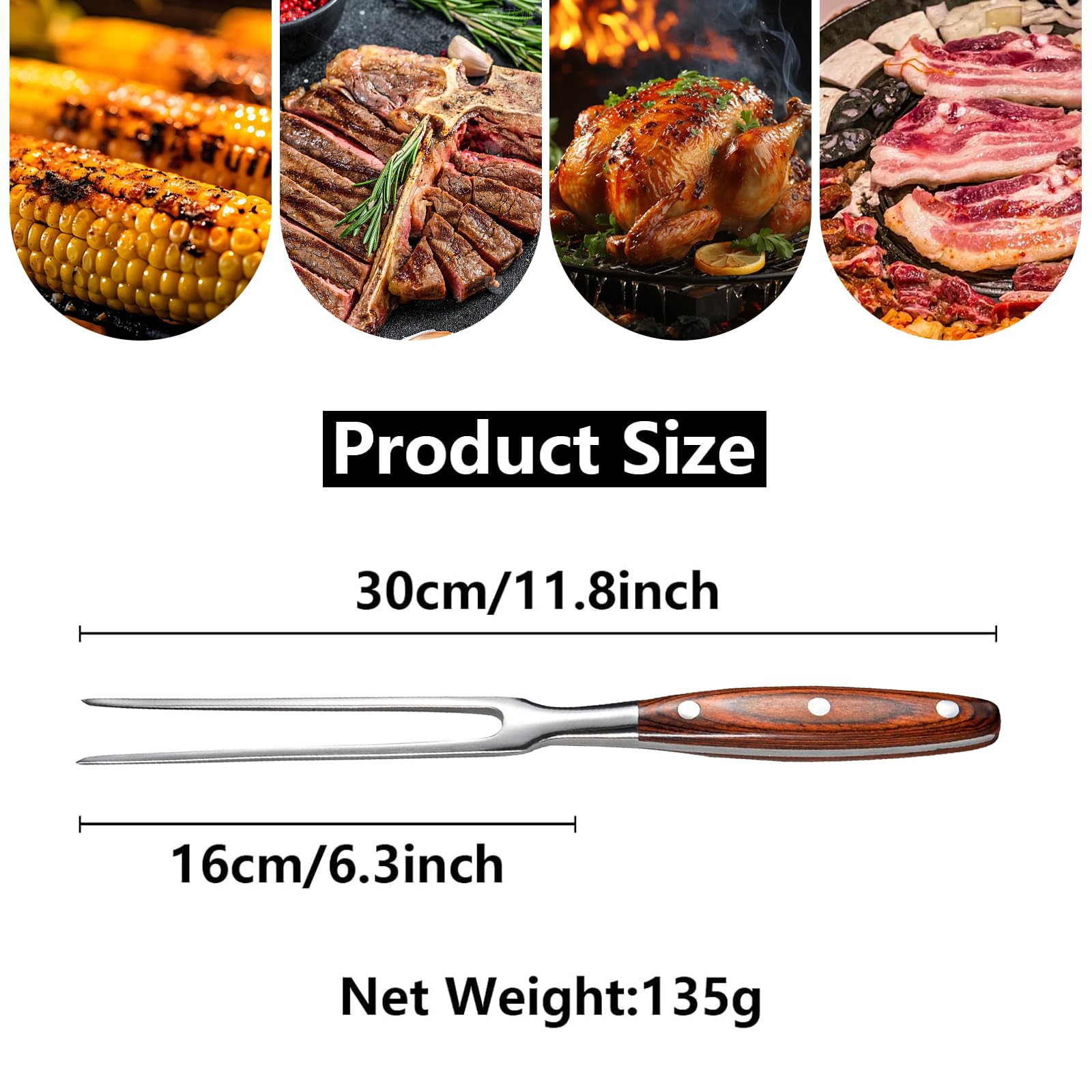 Tenedor de carne de acero inoxidable de 30 cm con mango de madera, tenedor de carne de acero inoxidable, para filetes, asados, pollos asados y verduras, tenedor inoxidable con puntas largas para girar