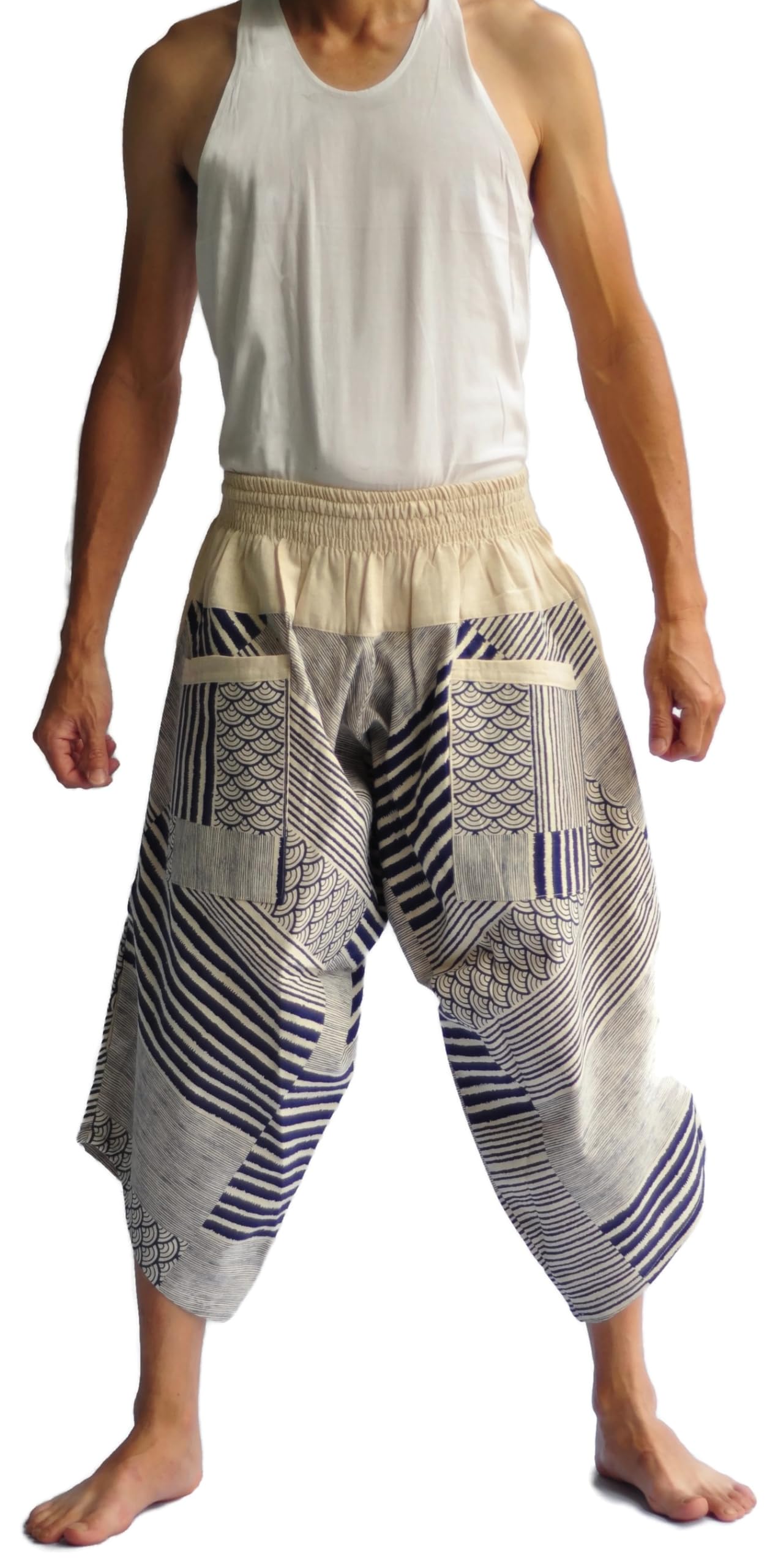 Siam Trendy Samurai Pants Harem Pants Men's Japanese Style Pants One Size White with Leaf Design Wave Blue Printed