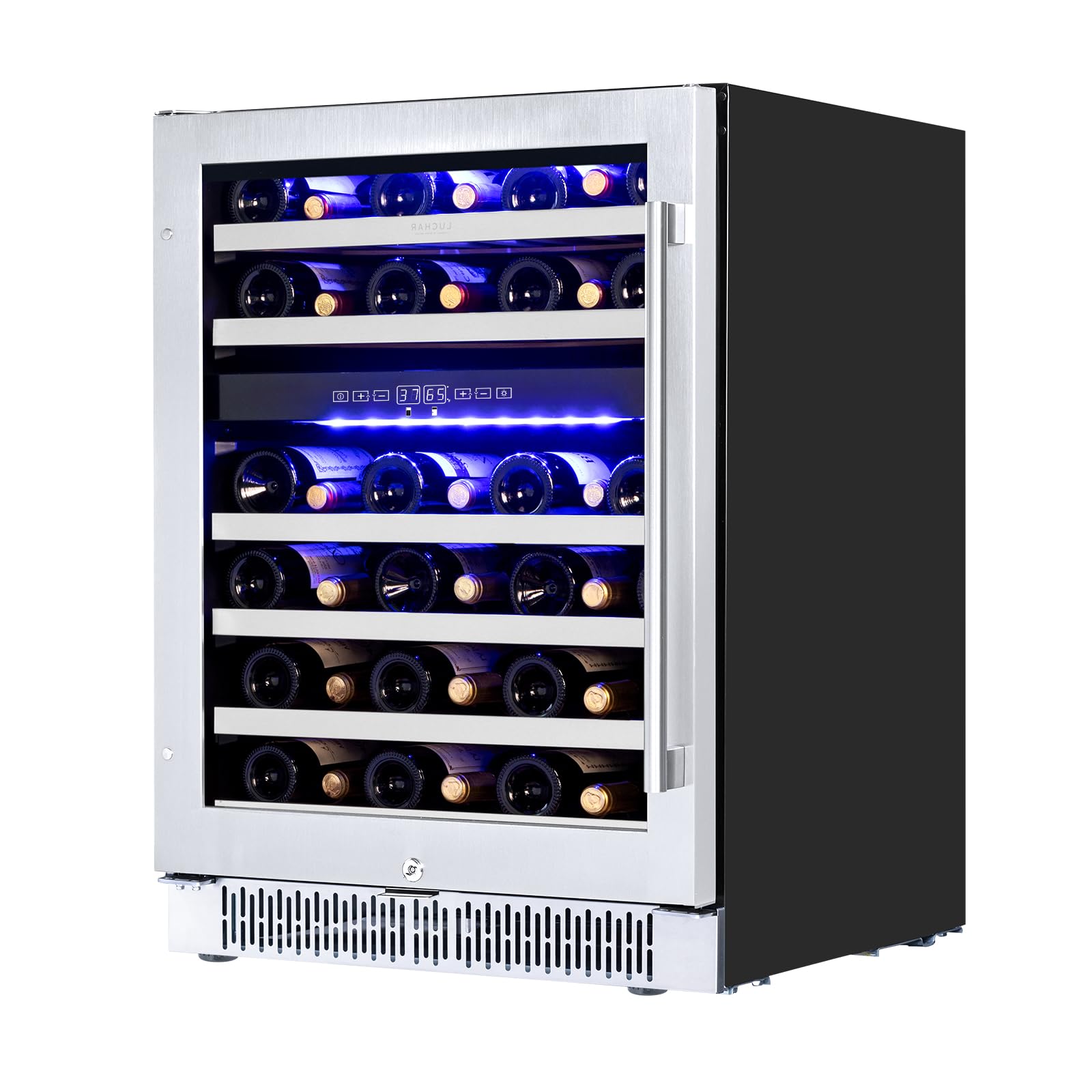 Akicon 24 Inch Wine Fridge, 46 Bottles Wine Cooler with Glass Door and Removable Shelves, 3-Color LED Light, Safety Lock, Freestanding or Built-in for Home/Bar/Office