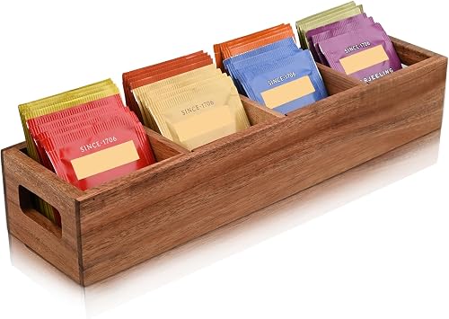 Acacia Wood Tea Bag Organizer with 4 Slots Tea Bag Holder and Tea Organizer, Sugar Packet Storage for Countertops