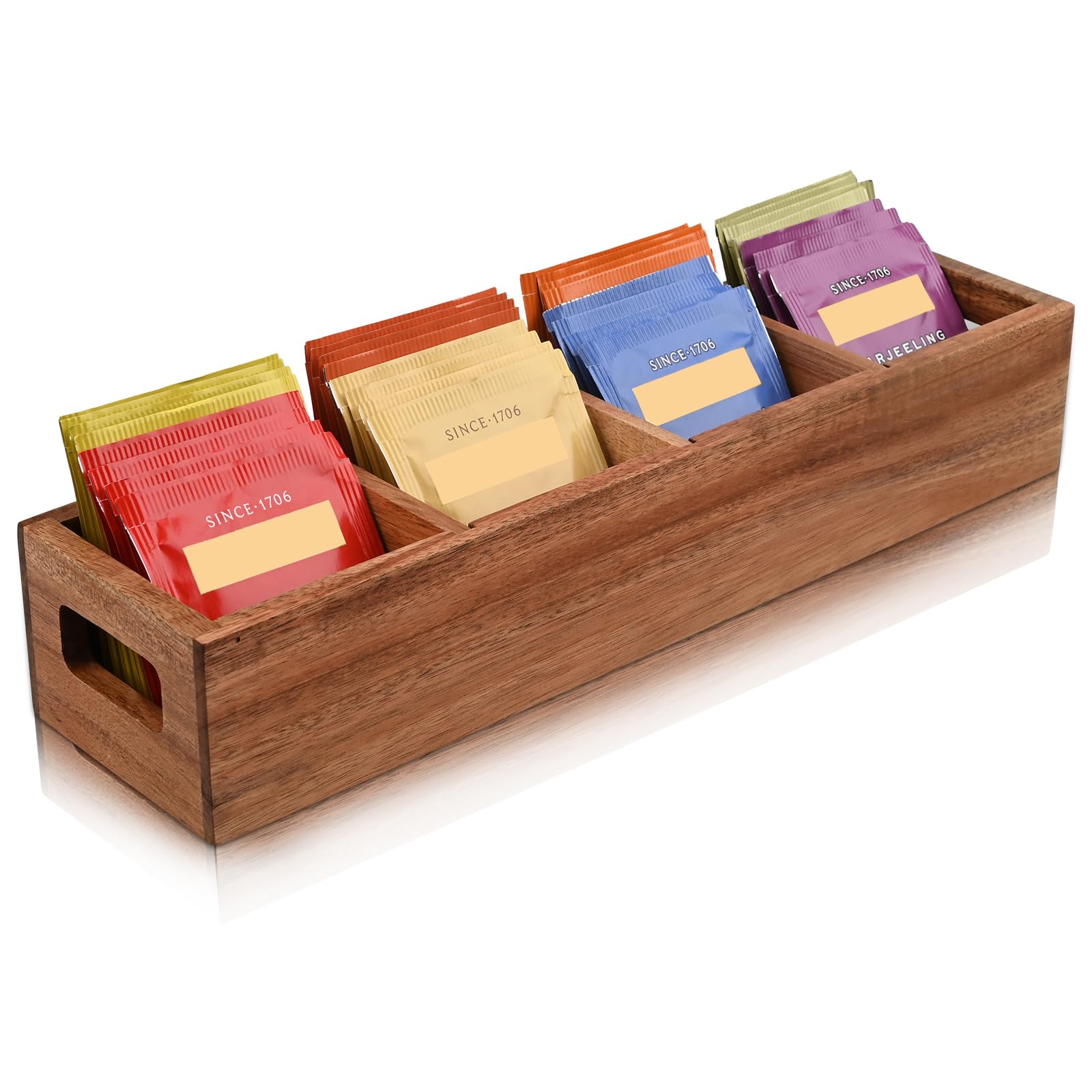 Chicvilla Acacia Wood Tea Bag Organizer with 4 Slots – Tea Bag Holder and Tea Organizer, Sugar Packet Storage for Countertops