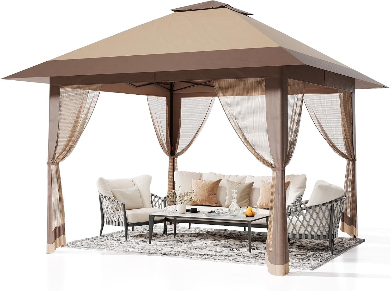 13x13 ft Pop-Up Gazebo Outdoor Pop-Up Tent with Mesh Cover Adjustable Height Awning Outdoor Gazebo Suitable for Backyard and Balcony Furniture with Carry Bag -Khaki