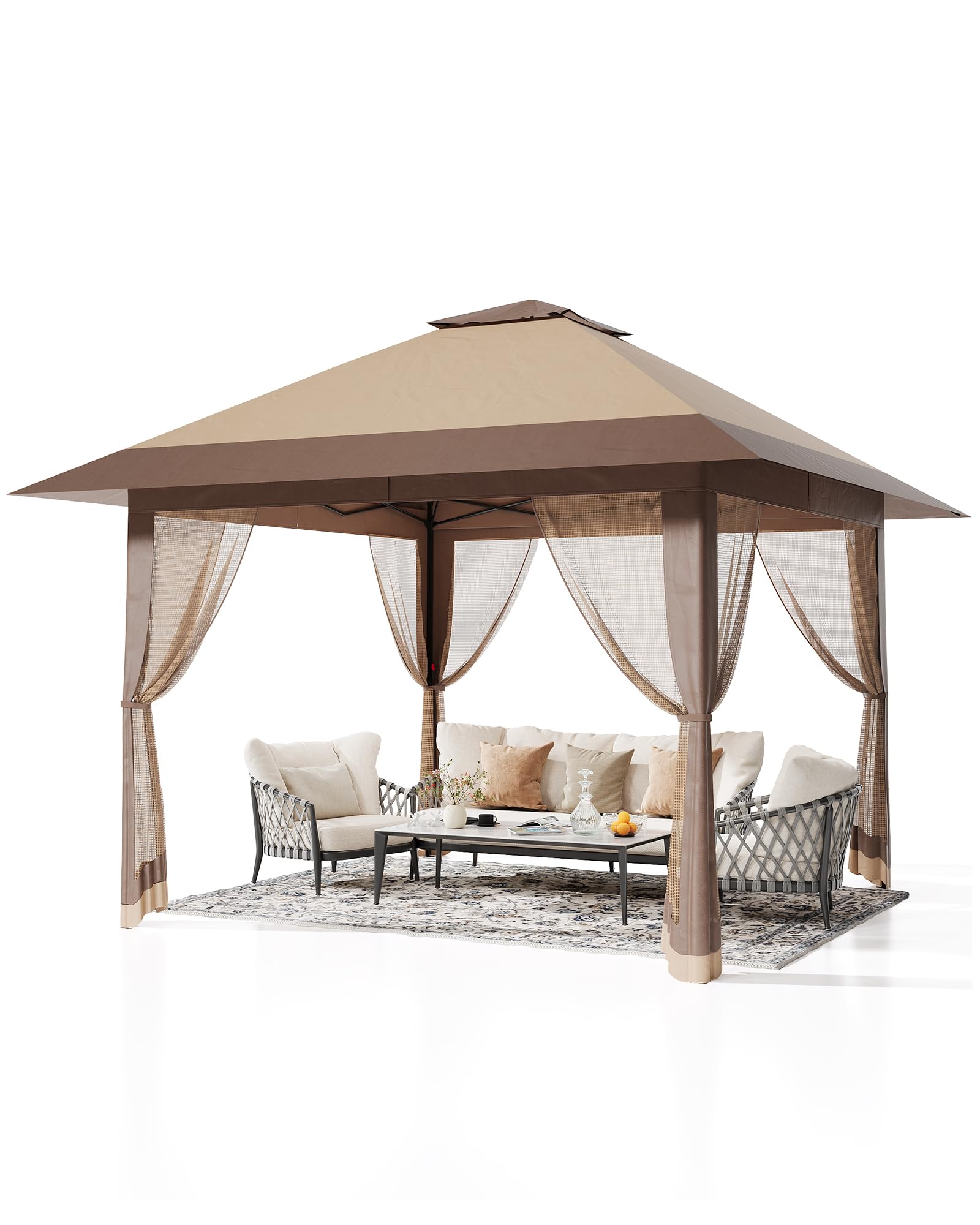 Gazebo Pop-Up 13x13 ft Esterno Con Doppio Tetto Ventilato e Zanzariera Integrata, Altezza Regolabile, Impermeabile e Protetto UV, Adatto Per Feste, Barbecue, Patio e Prato