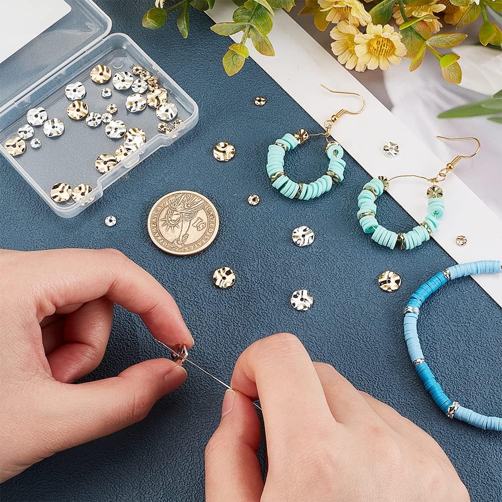 BENECREAT 72 Pcs Brass Spacer Beads 6 Styles Gold and Silver Disc Spacer Beads, 4/6/8mm Wavy Disc Beads for Jewelry Making DIY Craft Bracelet Necklace, Hole Diameter: 1.2mm - Image 3