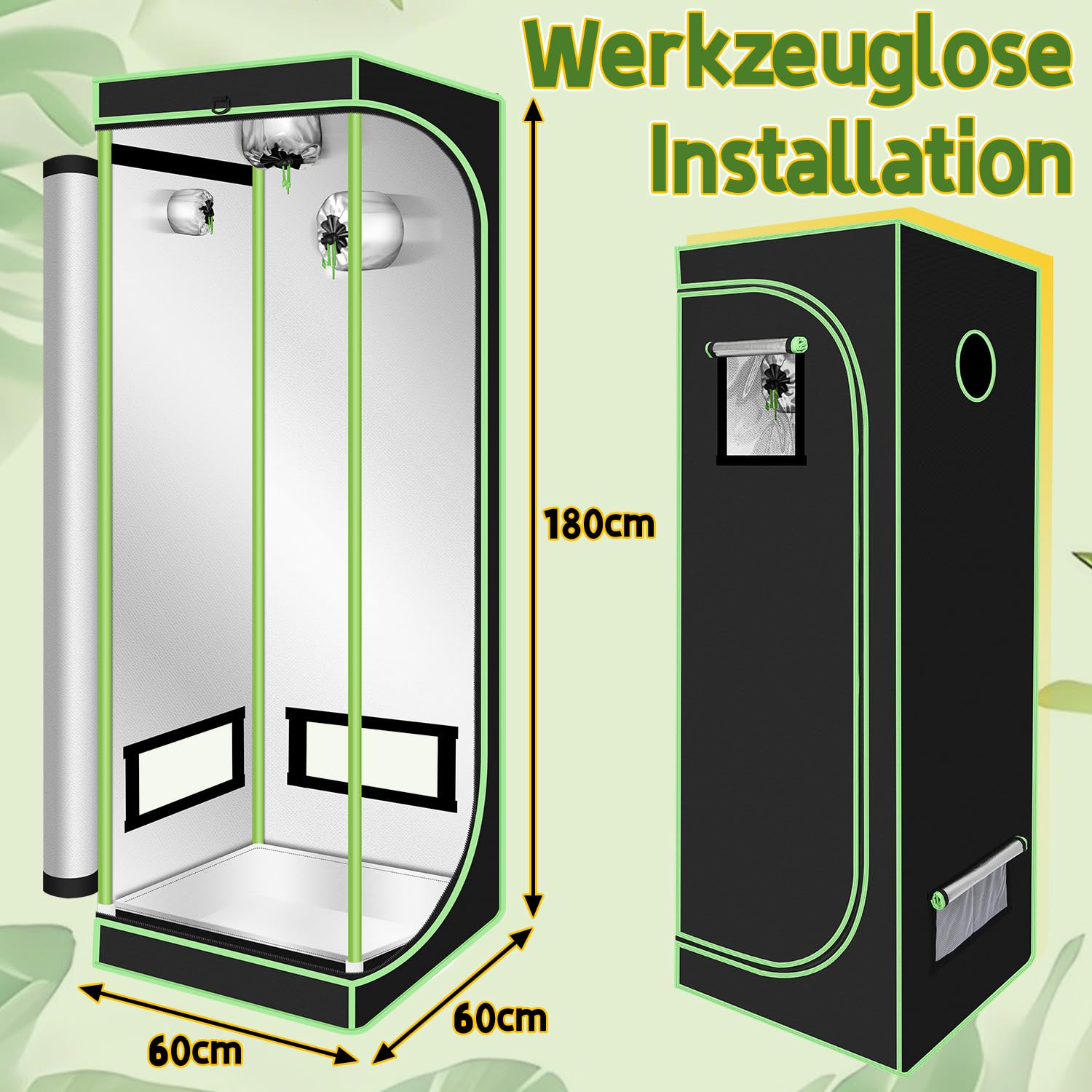 Tienda de cultivo 60 x 60 x 180 cm, resistente a la luz y al agua, armario de cultivo con ventana de observación, caja de cultivo para invernadero, cultivo en interiores