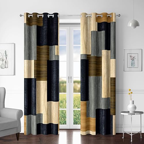 Tyrot Wood Print Retro 100% Blackout Curtains for Bedroom 84 inch Long 2 Panels Set Modern Abstract Geometric Black Out Curtains Insulated Room Darkening Window Drapes for Living Room, 52Wx84L