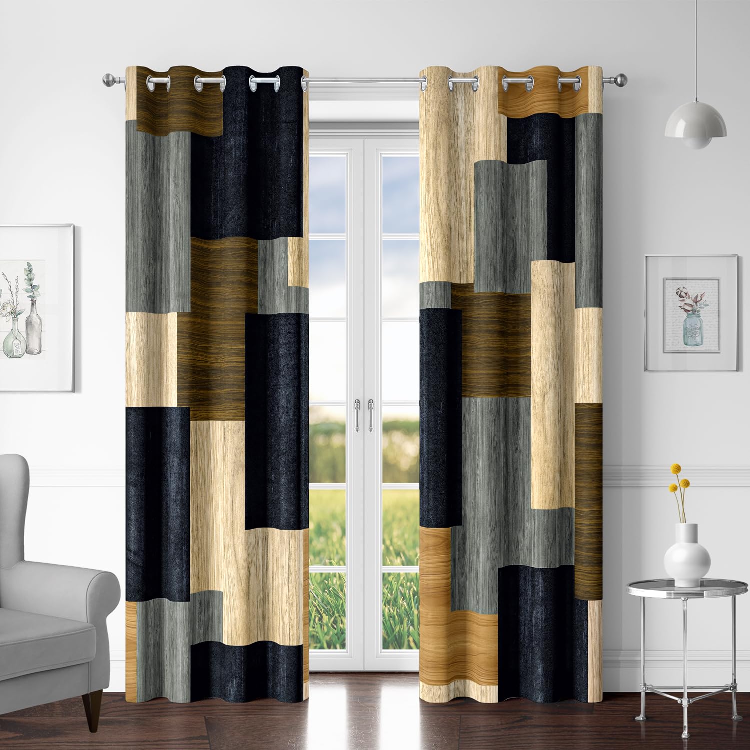 Tyrot Wood Print Retro Geometric Blackout Curtains, 52x96 โ image 1