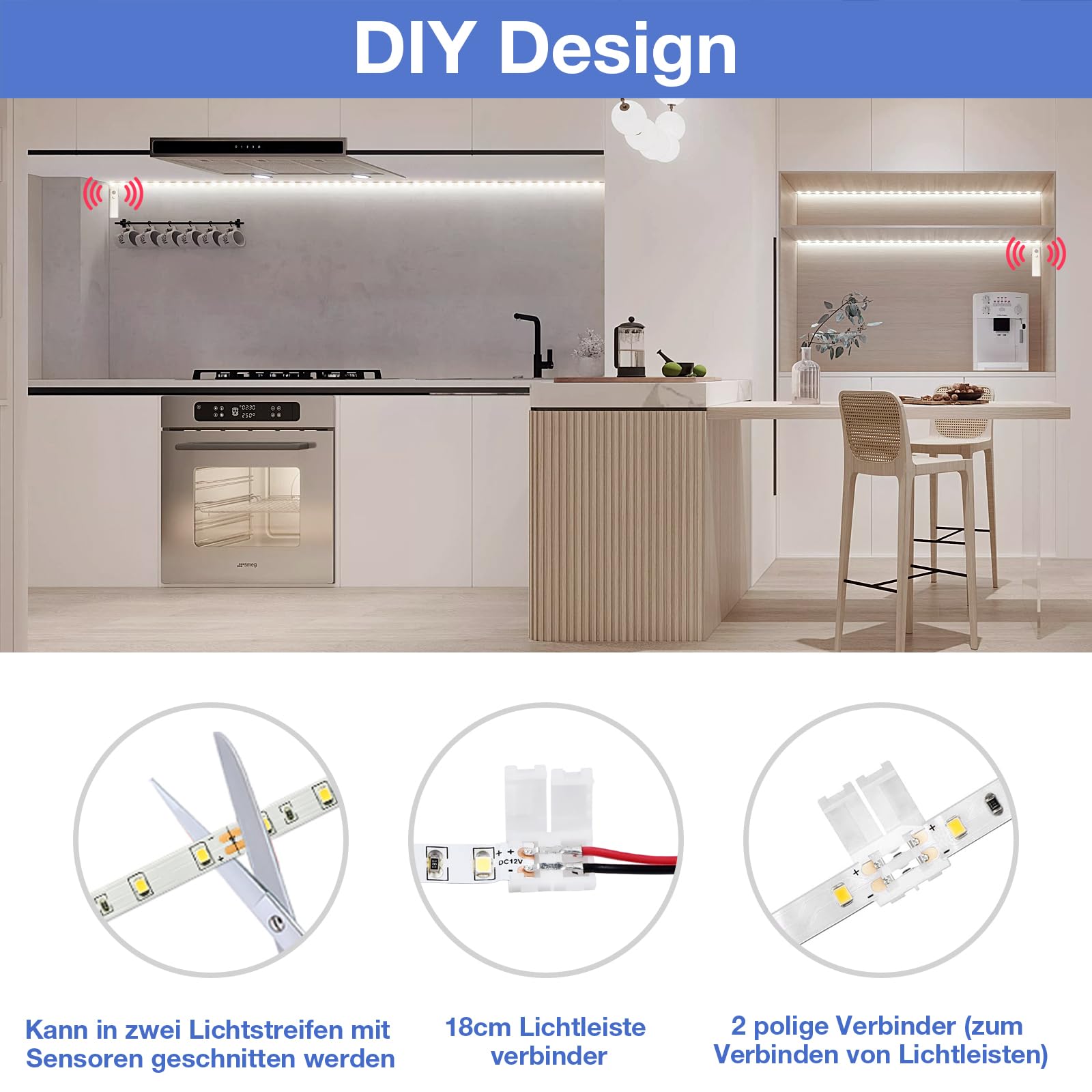 WOBANE Striscia LED da 5 m con rilevatore di movimento, illuminazione per scale con 2 sensori, funzionamento a batteria, illuminazione a LED per cucina, letto, dispensa, corridoio