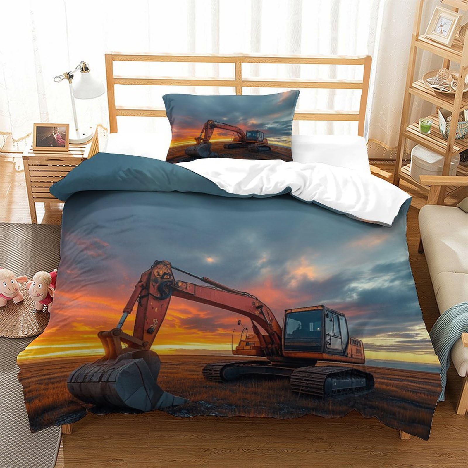 LILIlaobiao Excavators Breathable Comforter Cover Hidden Zipper Diggers Duvet Cover Set with Pillowcases Bedding Set Soft Microfiber 3D Printing Quilt Cover Set Single（135x200cm）