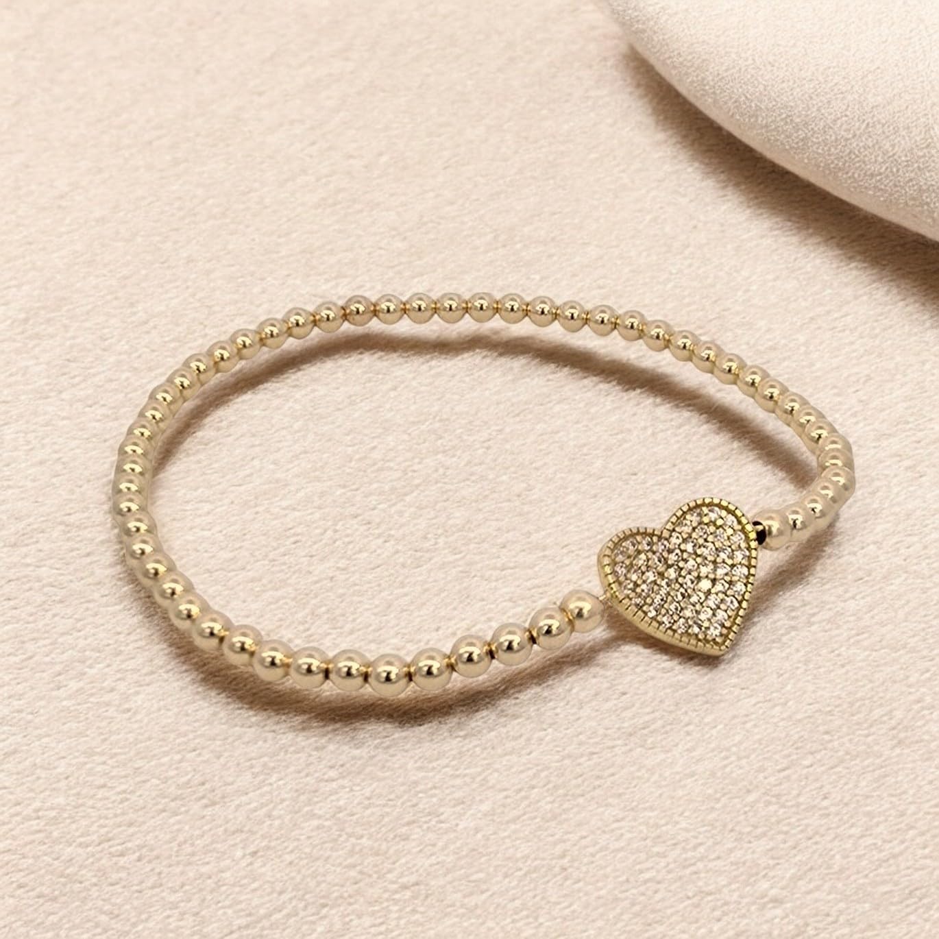 Anela 14kt Gold Filled Stretch Beaded Bracelet with Heart Pendant & Cubic Zirconia Stones – Dainty Jewelry Gift for Women