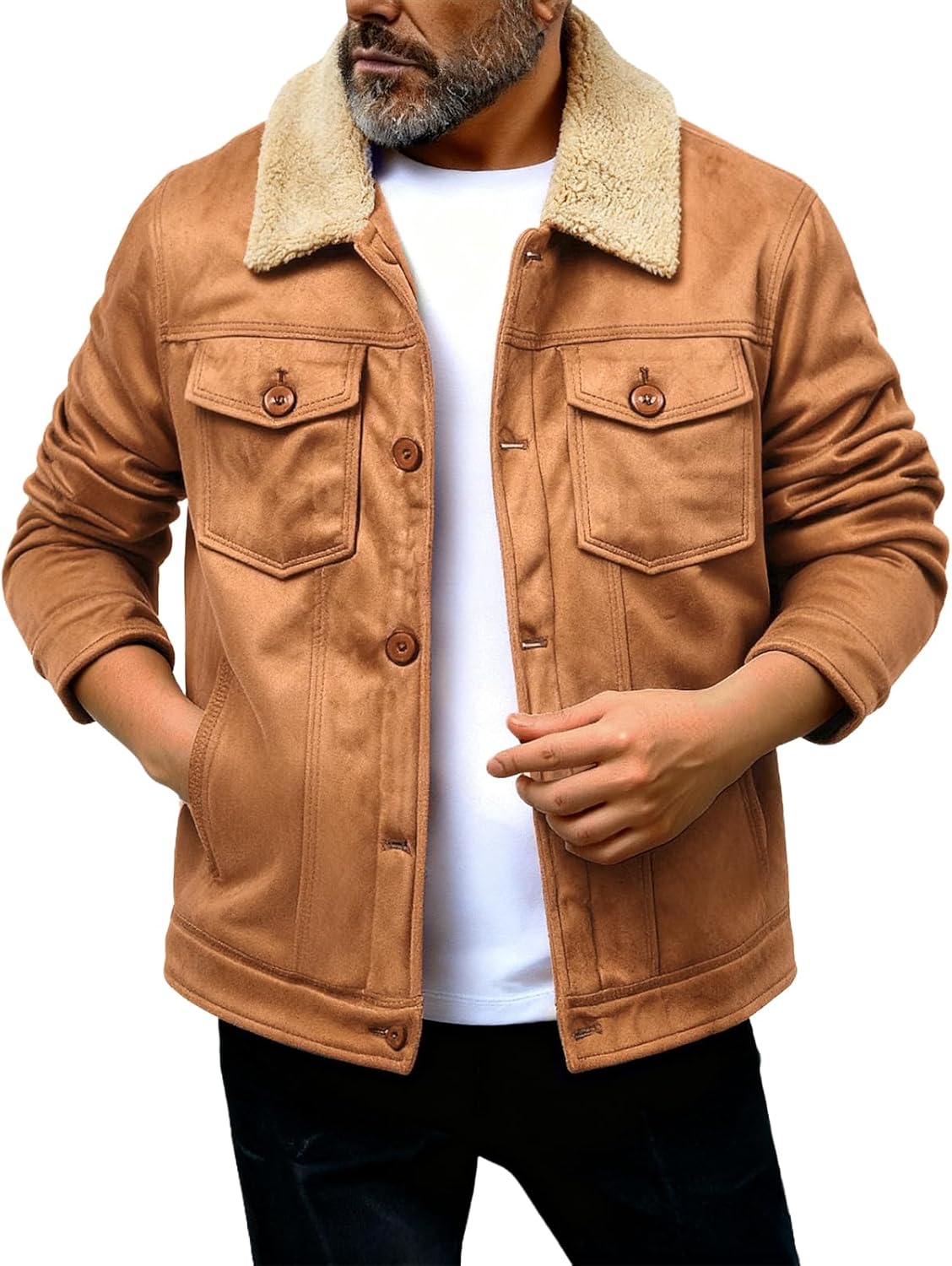 Men's Sherpa Fleece Lined Trucker Jacket Fashion Suede Jackets Thickened Cotton-Padded Jacket Winter Coat with Pocket