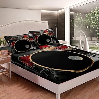 Feelyou Boys Drum Kit Bed Sheet Set Rock Music Themed Bedding Set for Kids Teens Adults Musical Pattern Decor Fitted Sheet Chic Instruments Print Bed Cover 2Pcs Twin Size