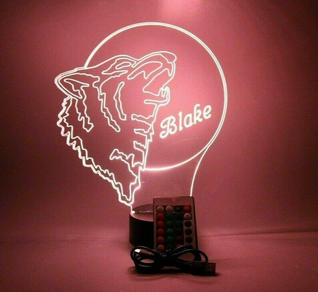 MIRROR MANIA Wolf Howling in Moon Light Up Lamp LED with Remote Personalize Free Engraved Wolf Table Lamp - It's Wow, Comes with Remote, 16 Color Options, Cord, Stand, Dimmer, Great Gift