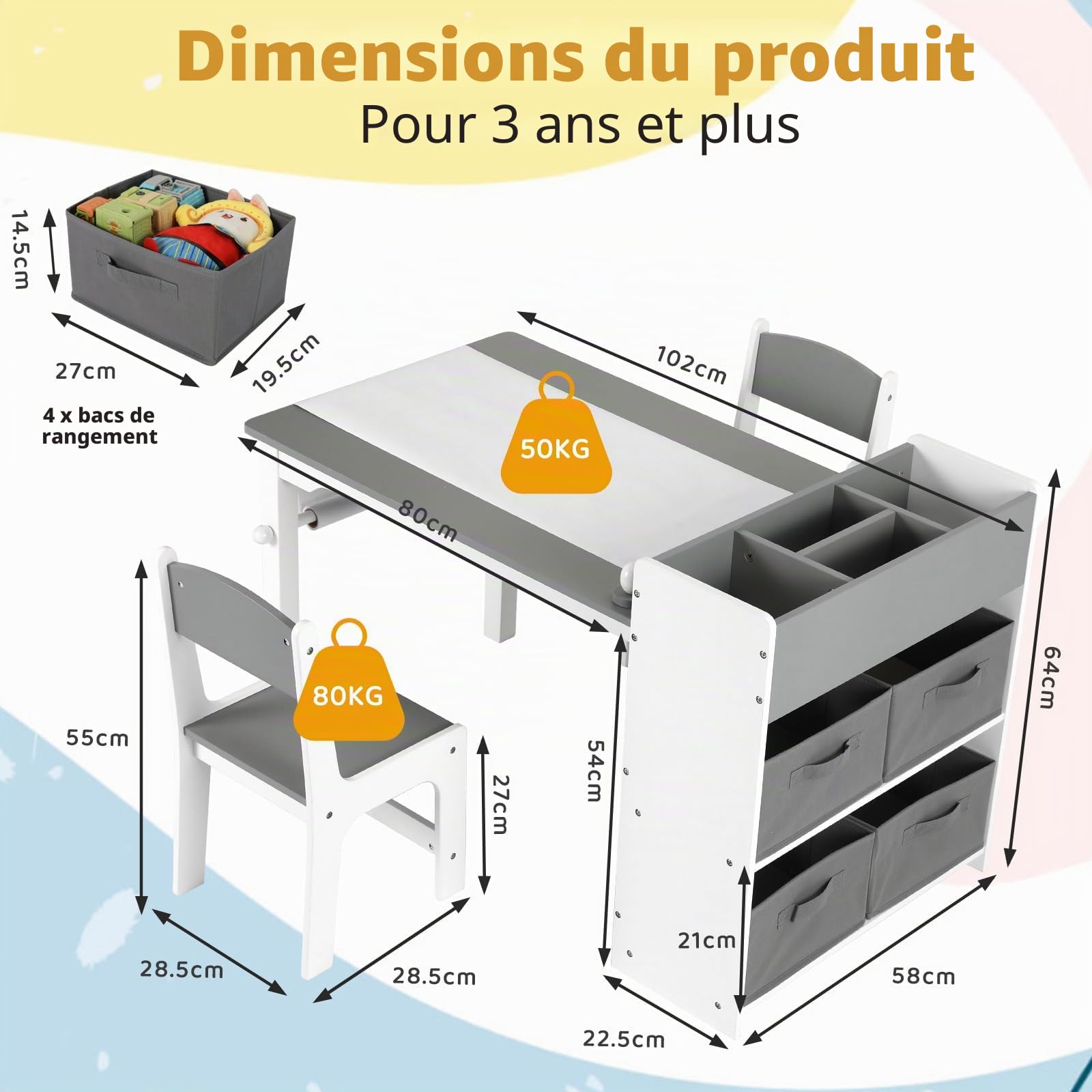 Clevich Table pour Enfant avec 2 Chaises, Table avec Espace de Rangement, Ensemble de Chaises en Bois, Bureau de Peinture avec Rouleau en Papier et 4 Boîtes de Rangement, Gris Blanc