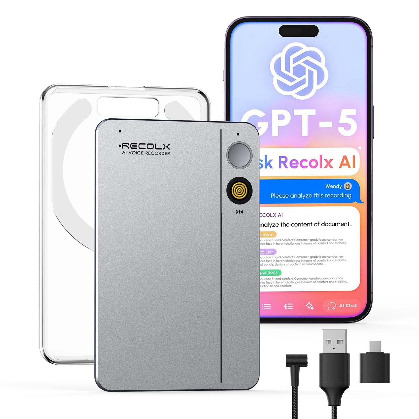 KI Diktiergerät mit Hülle – 64 GB, anskription & Zusammenfassung mit 71 Vorlagen, KI-Analyse, 112 Sprachen, für Meetings & Vorträge