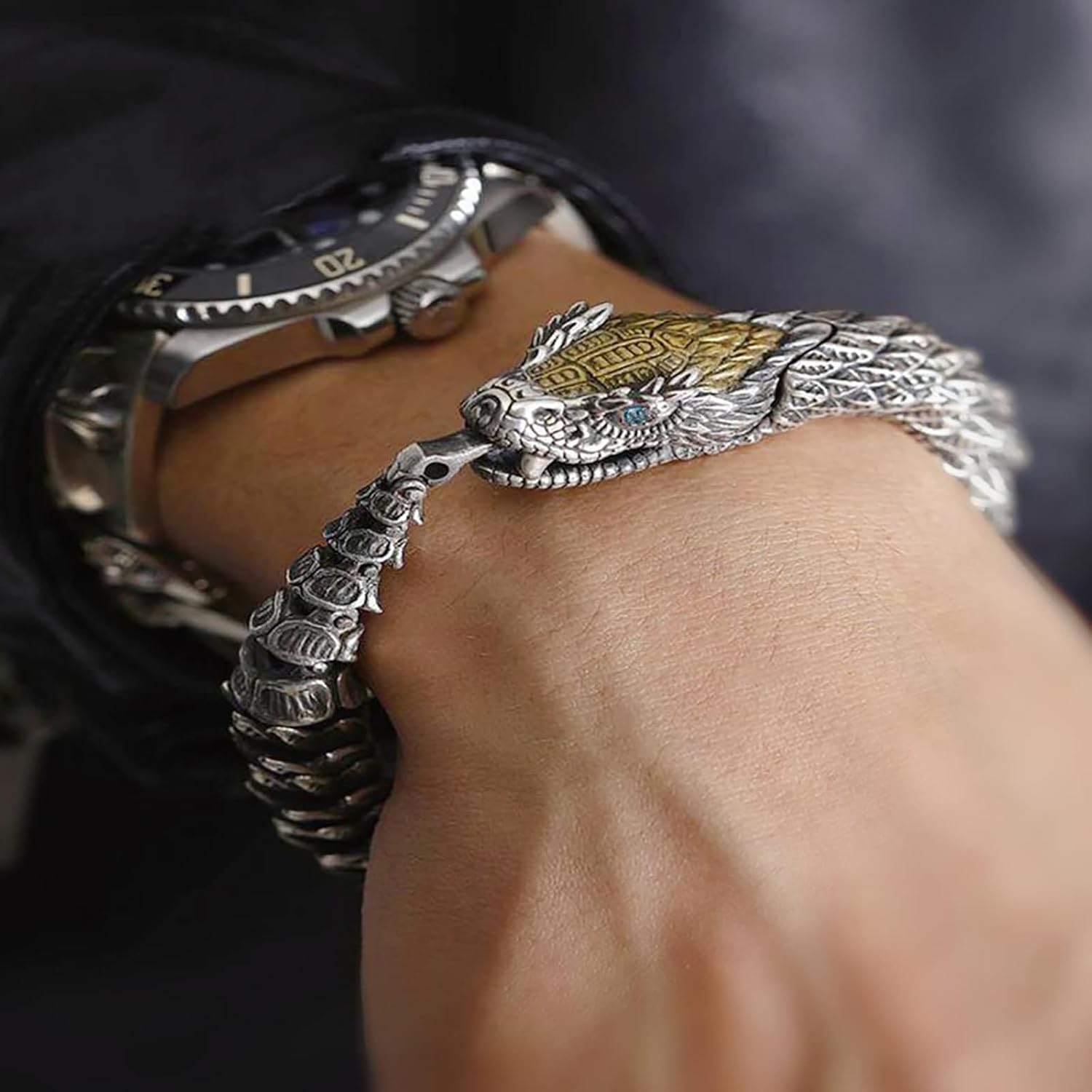 OIDEA Retro Gothic Snake Bracelet for Men: Silver Tone Punk Dragon Scale Snake Link Chain Bracelet Viking Stainless Steel Mens Bracelet Jewelry Gift - Image 4