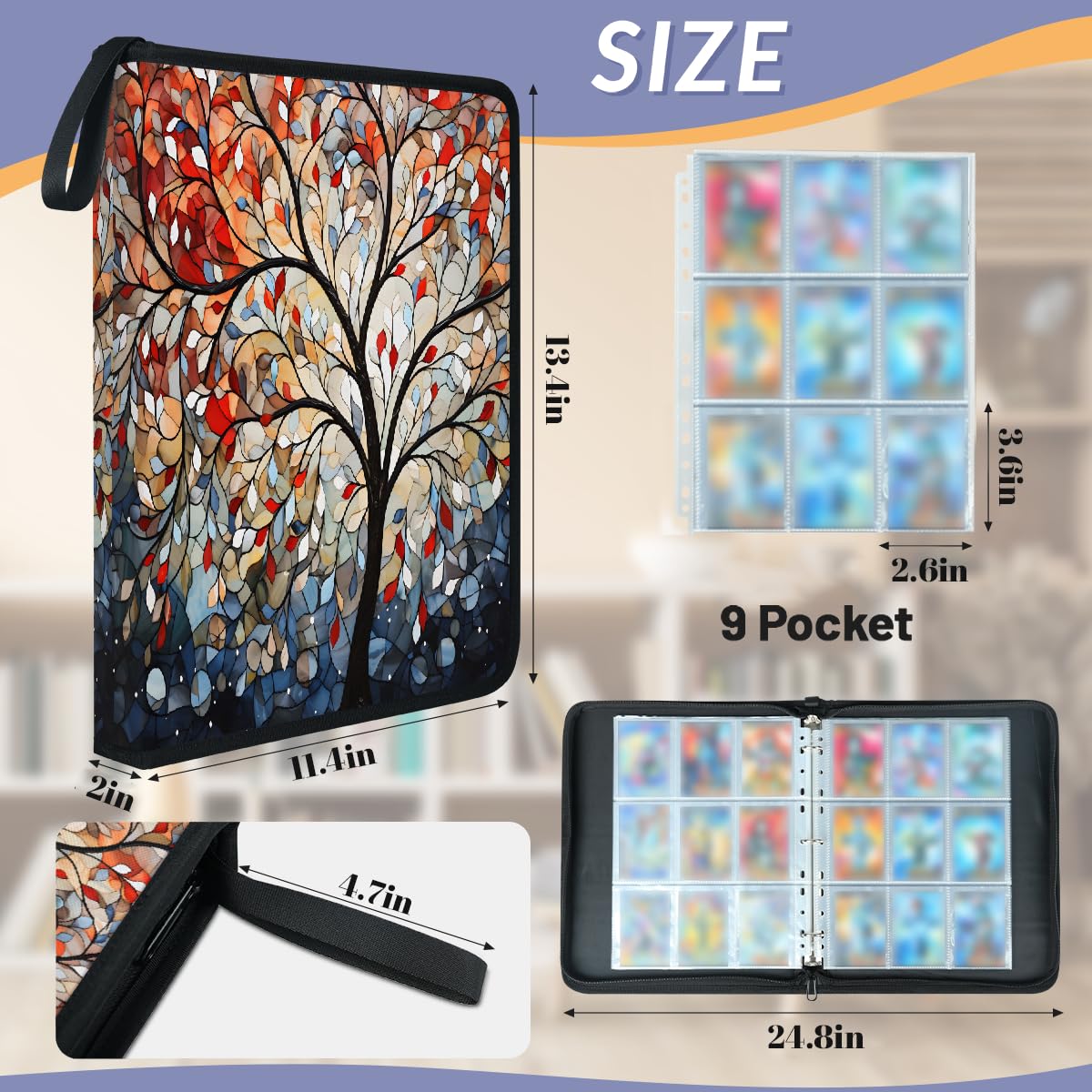 Carpeta de tarjetas coleccionables con 9 bolsillos, diseño de hojas de arco iris, con fundas extraíbles, impermeable, con cremallera, capacidad para 50 páginas y 900 tarjetas