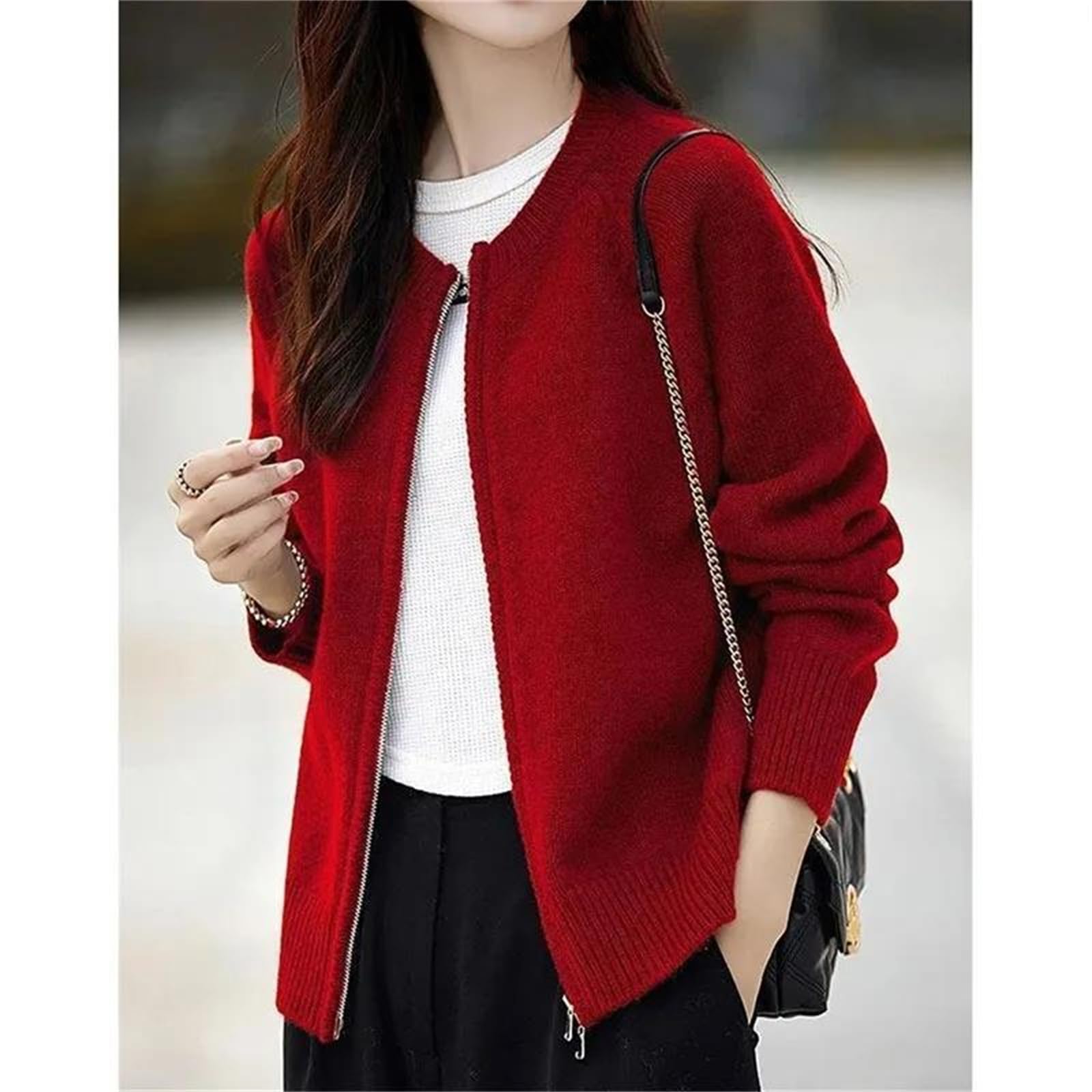 Cárdigan de gran tamaño con doble cremallera para mujer, cuello redondo, manga larga, chaqueta de punto liso, para otoño e invierno, ropa de abrigo casual